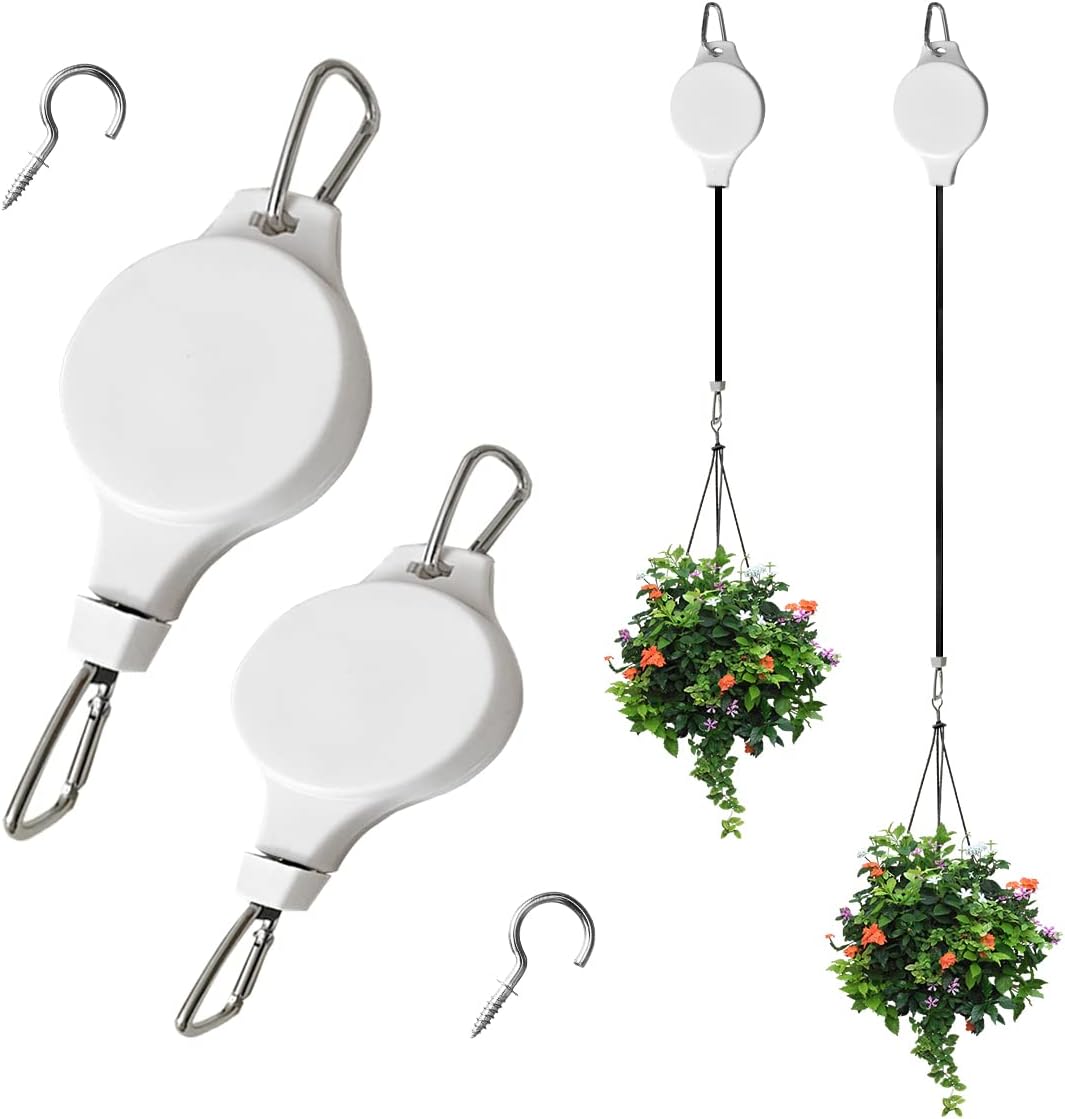 Paquete de 2 poleas retráctiles ajustables para colgar plantas colgantes, resistentes, para interiores y exteriores, para cestas de jardín, macetas