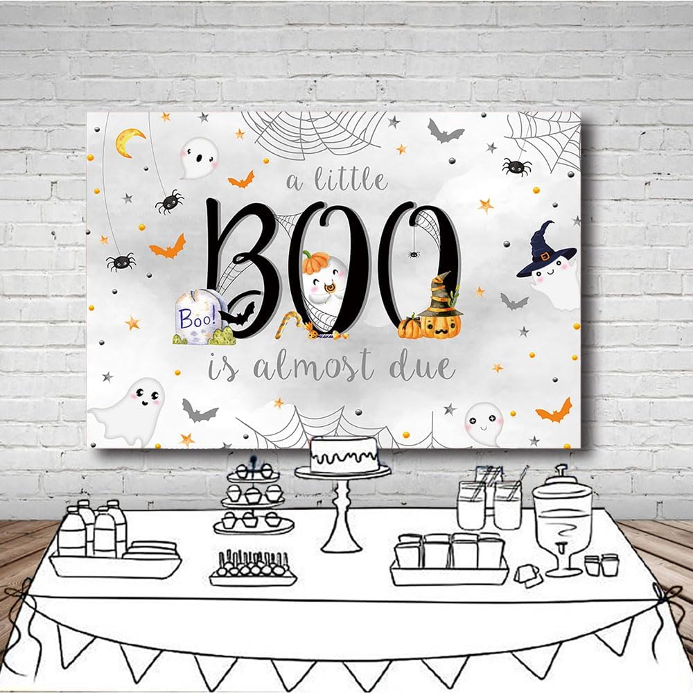 MEHOFOND Telón de fondo de Halloween para baby shower de 7 x 5 pies para niño, fantasma blanco a Little Boo is Almost Due Spooky Ghost Background