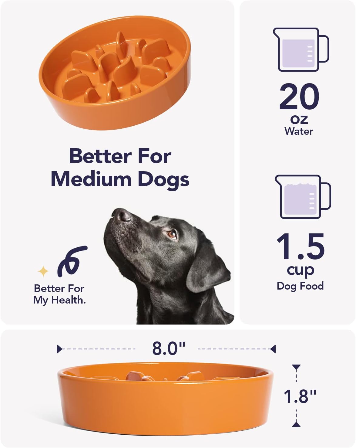 LE TAUCI Cuencos para perros de cerámica de alimentación lenta, 1.5 tazas de alimentación lenta para perros de raza pequeña y media, cuenco de