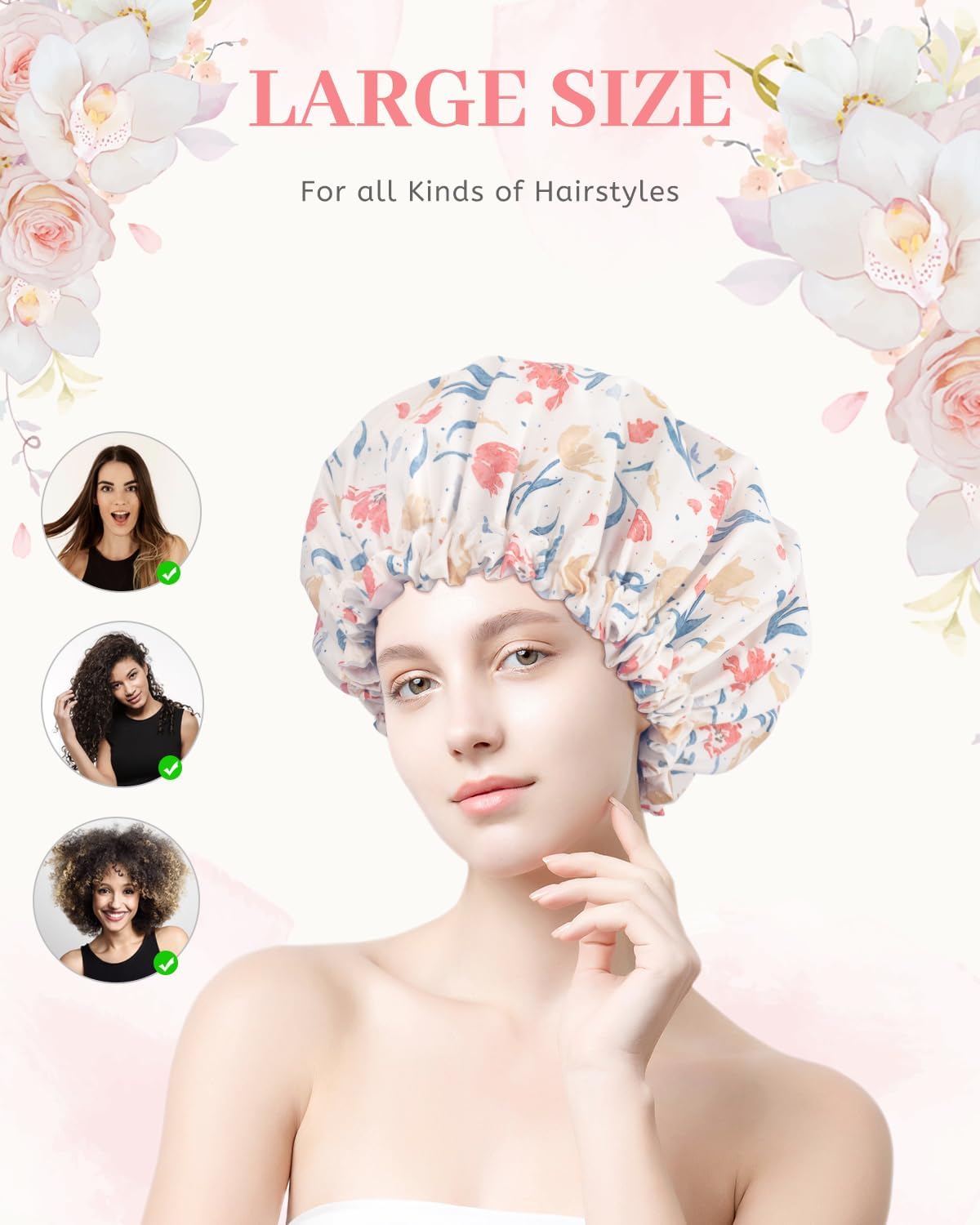 Aquior Gorro de ducha impermeable de doble capa para mujer, gorro de ducha grande reutilizable para todas las longitudes de cabello con forro de