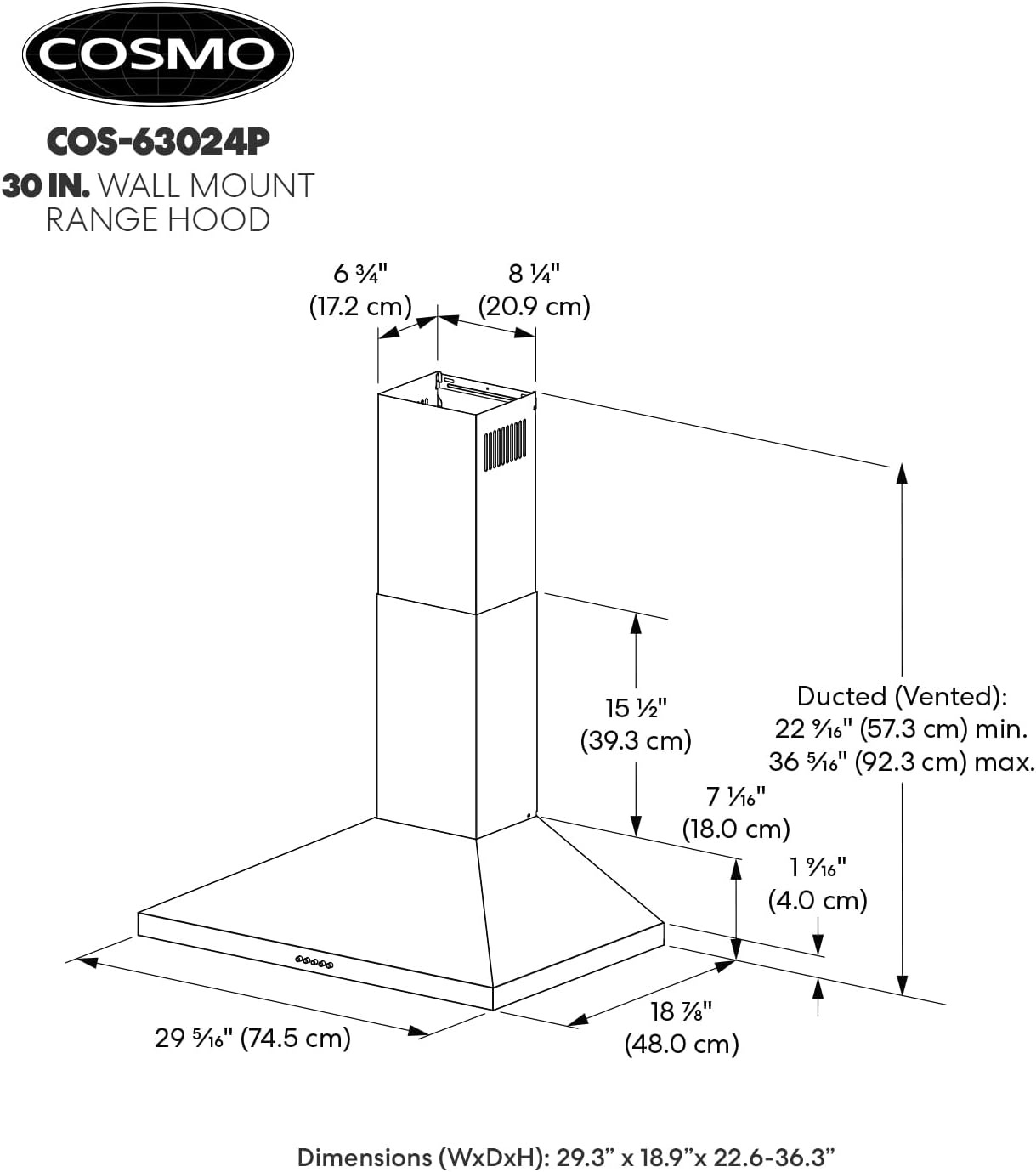 COSMO COS-63024P Campana extractora de pared de 30 pulgadas con flujo de aire eficiente, canalizado, ventilador de 3 velocidades, filtros de