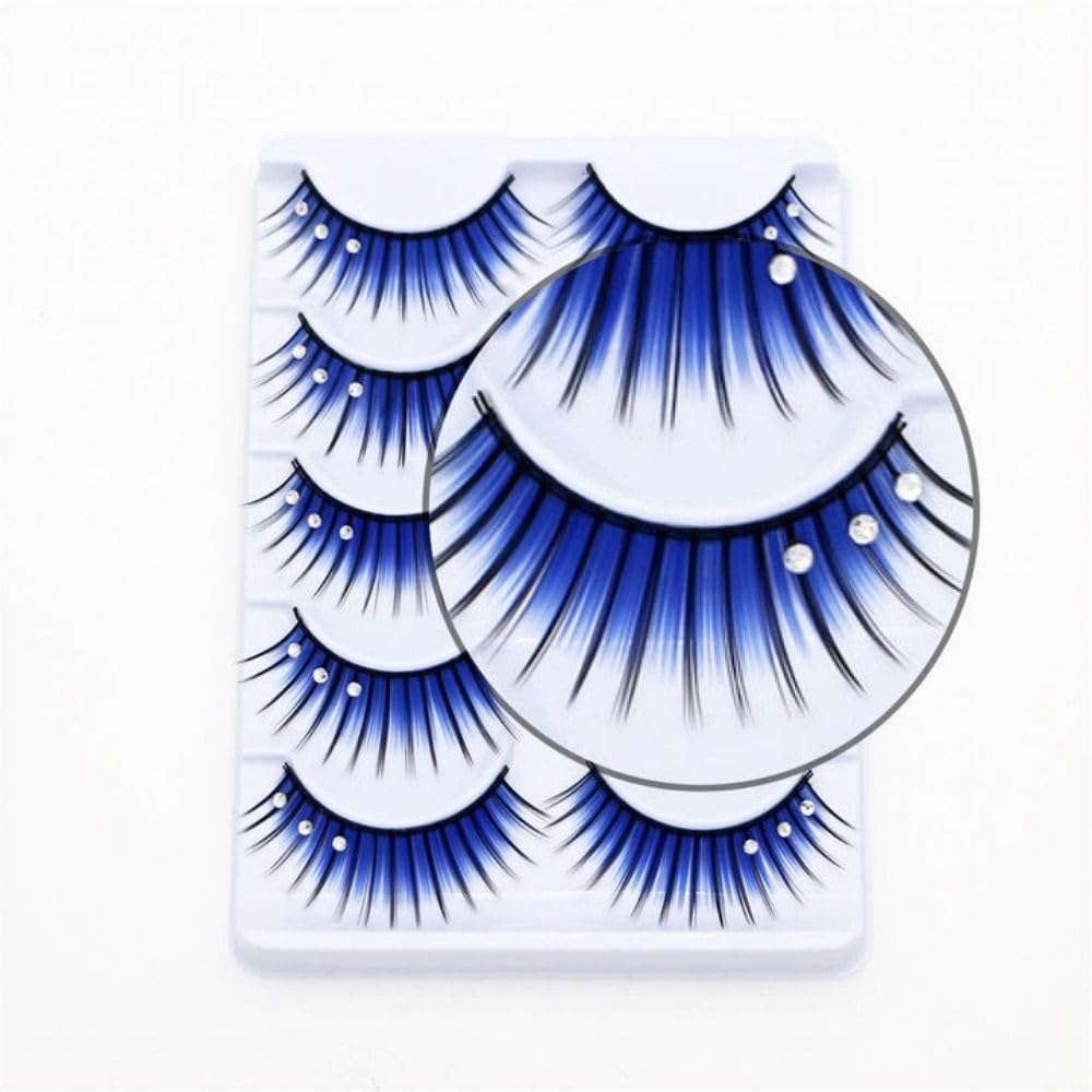 Okdeals 5 pares de pestañas con purpurina 3D de color azul esponjoso para cosplay con diamantes de imitación, pestañas de manga dramáticas azules de