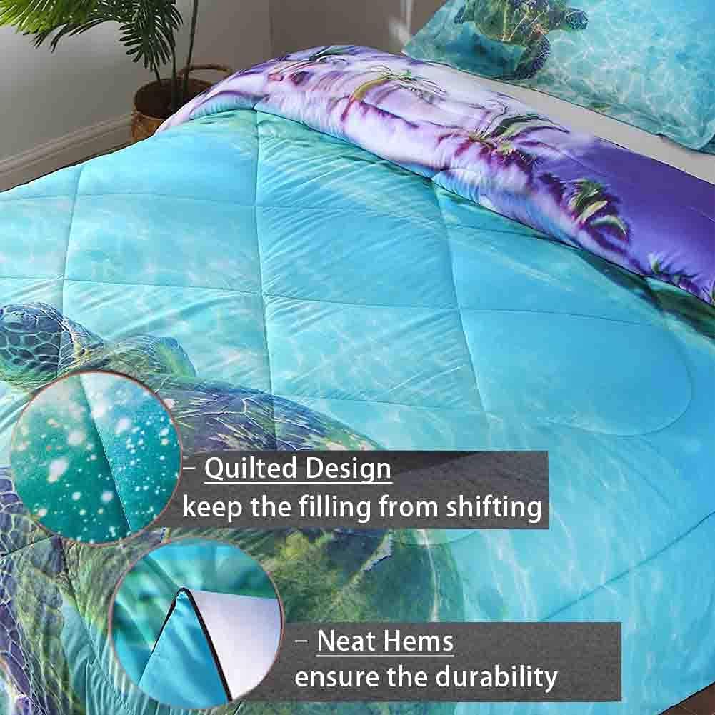 ENCOFT Juego de edredón de tortuga para niños, juego de ropa de cama matrimonial para niñas y niños, juego de ropa de cama de 3 piezas, color azul