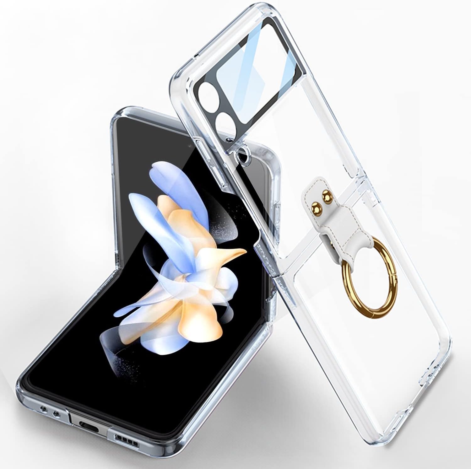 Miimall Funda para Samsung Galaxy Z Flip 4, funda Z Flip 4 con protector de pantalla + soporte de anillo, delgada, de lujo, transparente, de