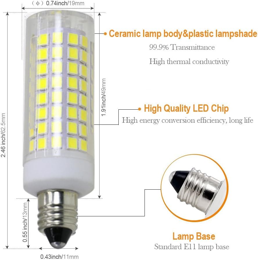 Paquete de 4 bombillas LED E11, totalmente nuevas (102 LED), equivalente a 8 W 75 W-100 W, 850 LM, luz diurna 6000 K, regulable, base de mini