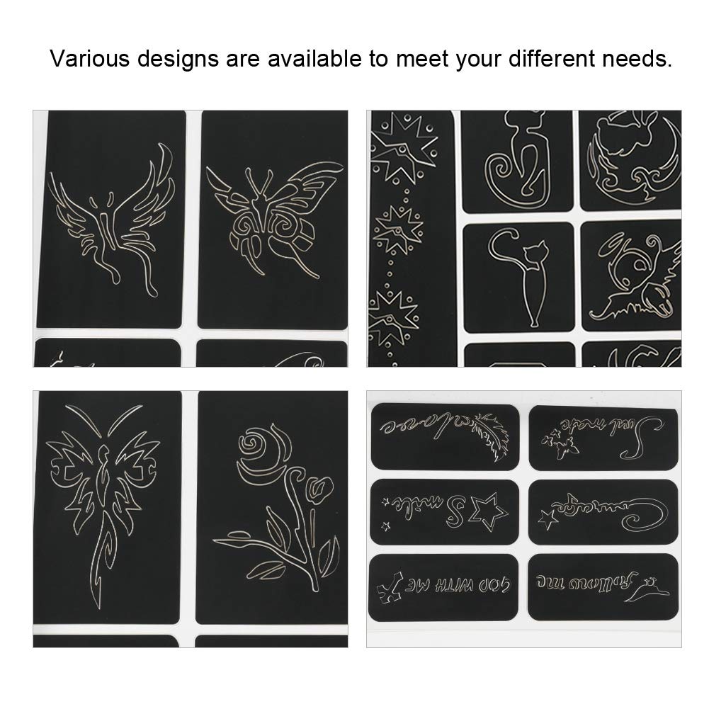 Kit de plantillas de tatuaje, plantilla de tatuaje pequeño semipermanente 118 patrones plantilla temporal aerógrafo, kit de tatuaje con purpurina,