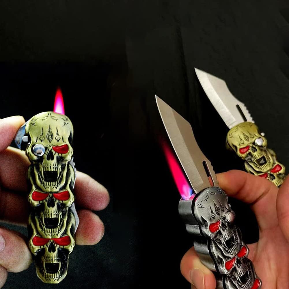 WEQTETJU Encendedor tipo antorcha de calavera, calavera de metal en relieve, genial, multifuncional, rellenable, ajustable, encendedor único a