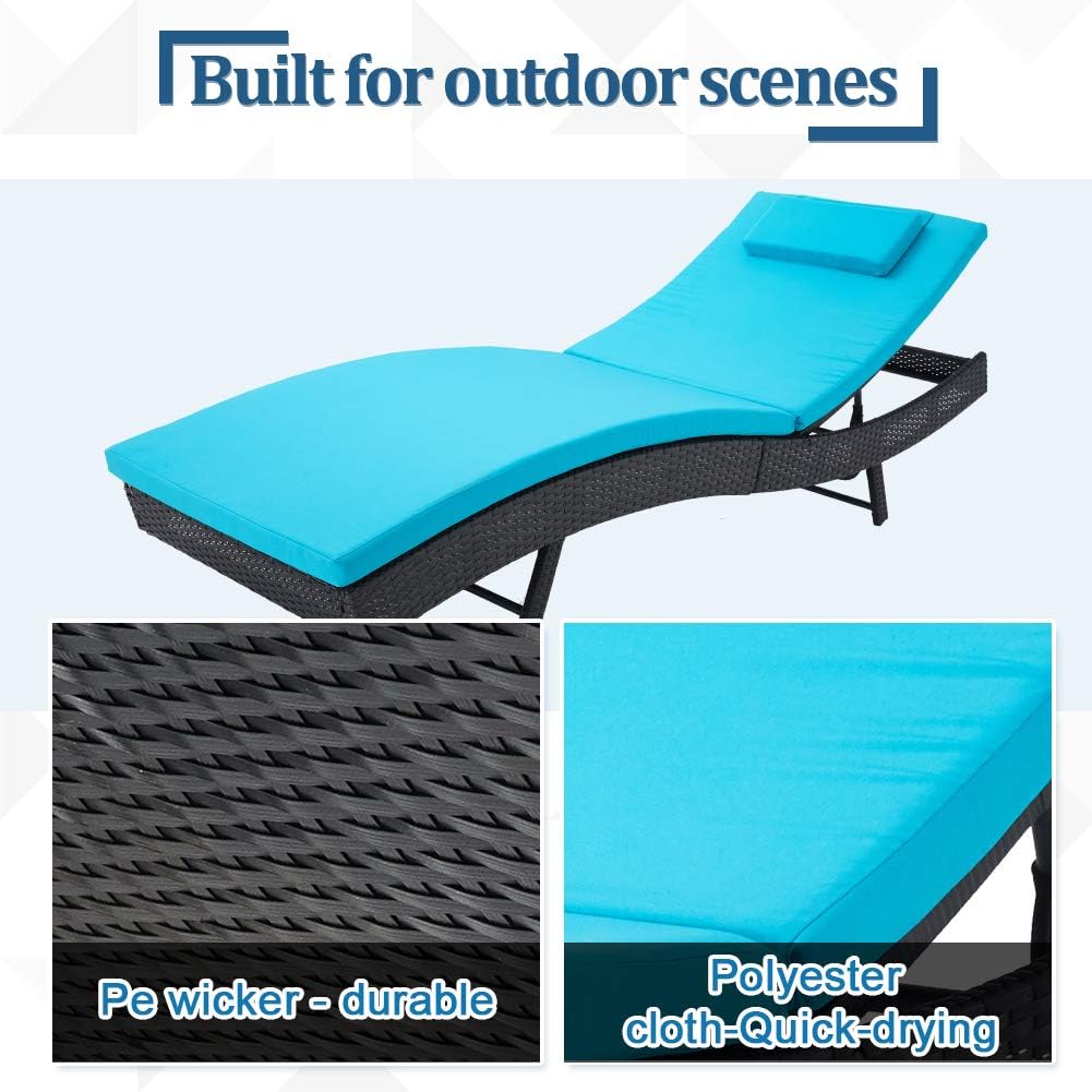SOLAURA Tumbona de patio para exteriores ajustable, silla reclinable de mimbre negra para todo tipo de clima y sofá con cojín grueso azul y cama