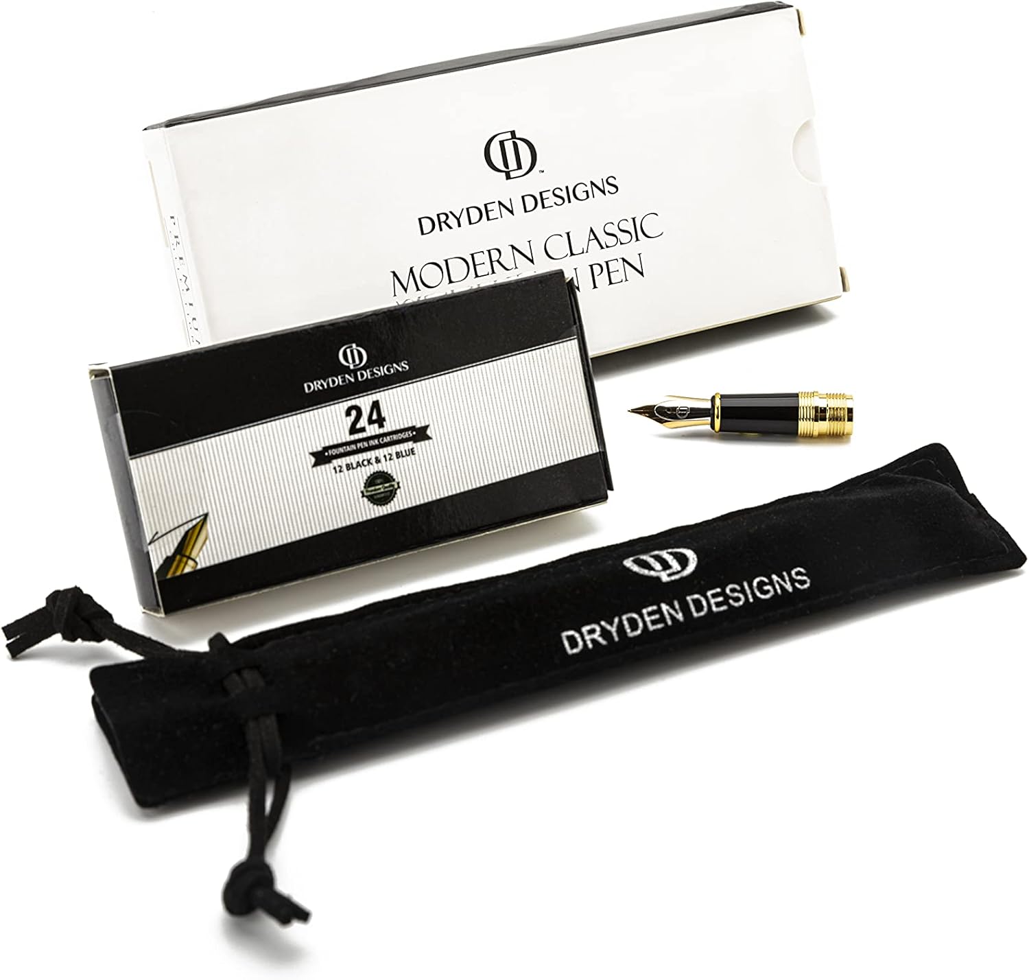Dryden Designs Pluma estilográfica, punta media y fina, incluye 24 cartuchos de tinta y convertidor de recarga de tinta, bolígrafo de caligrafía,