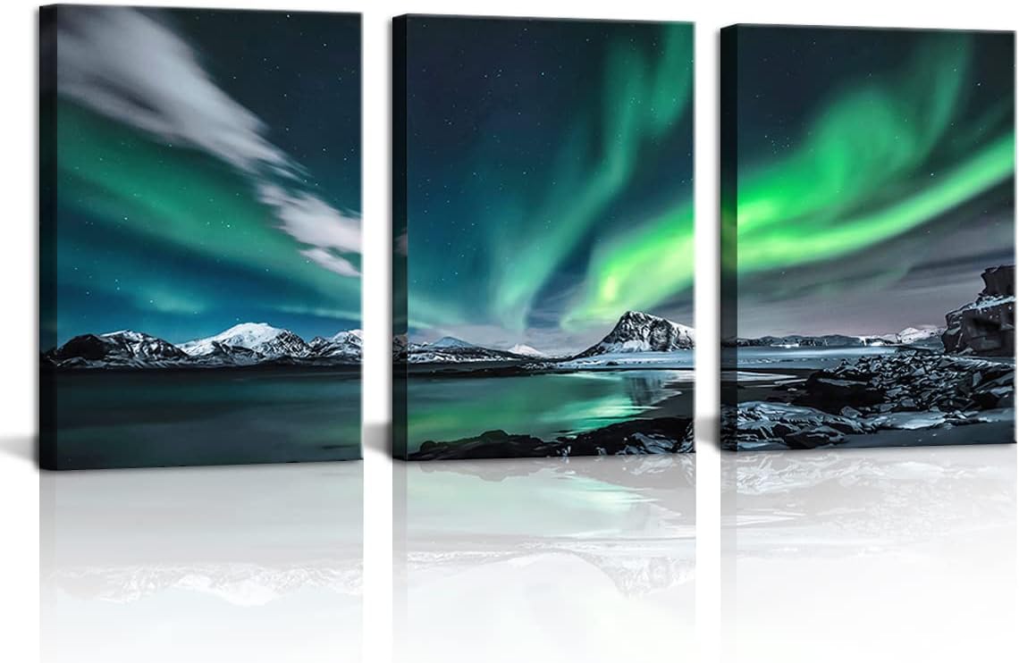 Yang Hong Yu Arte de pared de auroras boreales para sala de estar, paisaje nocturno de aurora, impresiones sobre lienzo para decoración de paredes