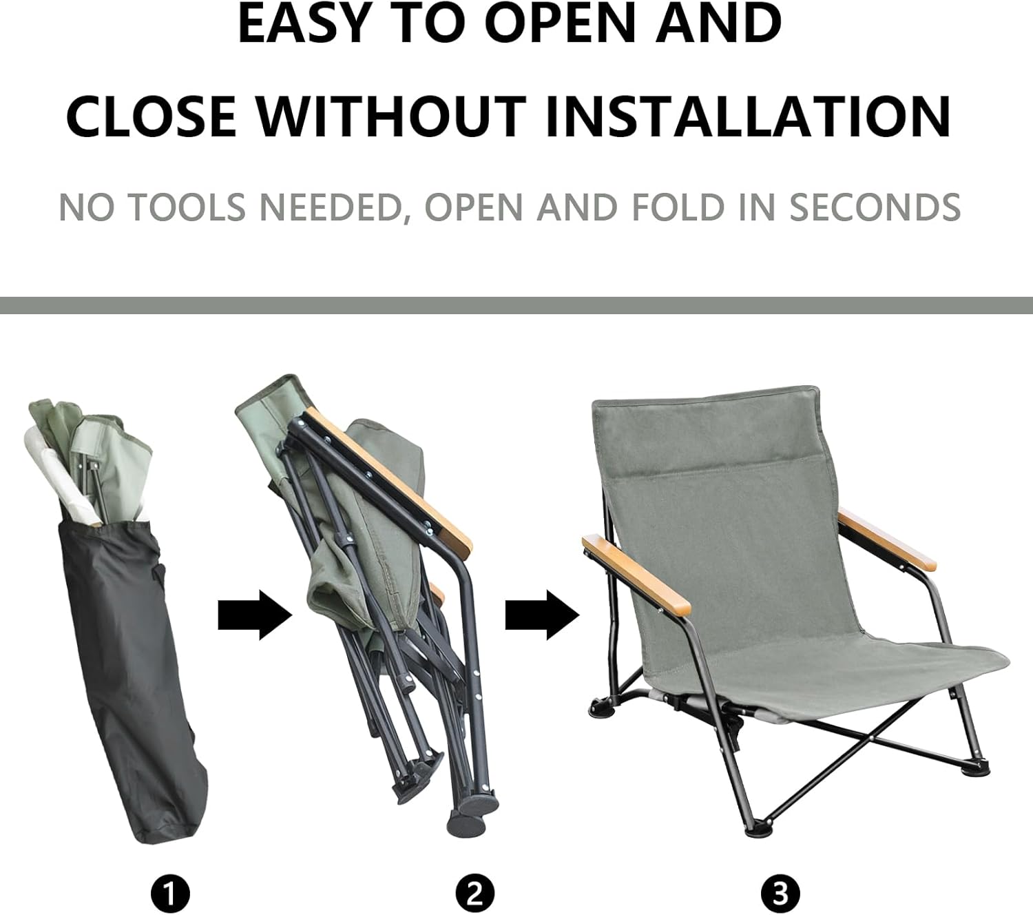 LAKIDAY Silla de playa, silla plegable ligera con pasamanos de madera, para acampar y actividades al aire libre, silla portátil que soporta hasta