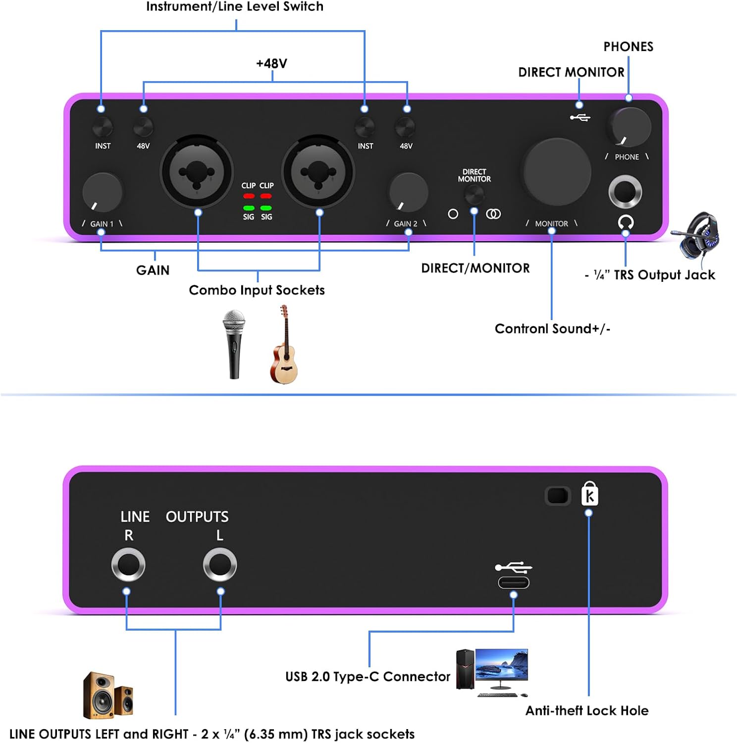 Interfaz de audio USB 2i2 con alimentación fantasma de 48 V 24 bits192 kHz Plug and Play para grabación, podcasting, transmisión, grabación,