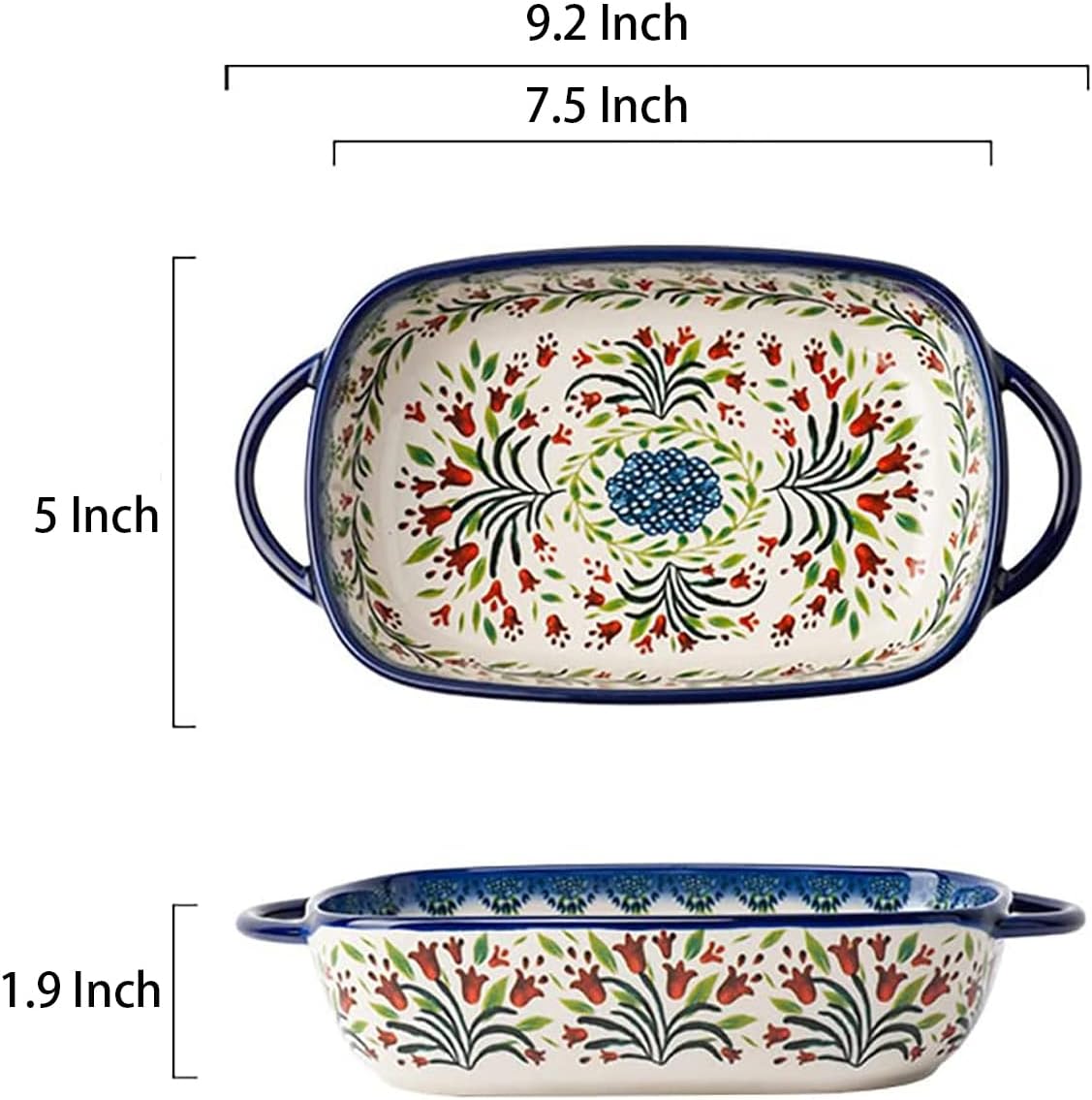 Cacerola de cerámica con patrón de flores de tulipán de estilo vintage, bandeja para hornear lasaña con asas para horno, cocinacocina, 1 unidad, 22