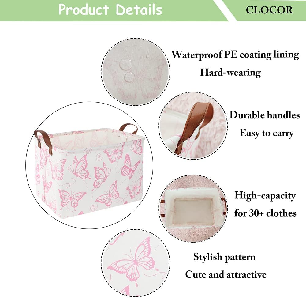 CLOCOR Cesta rosa, contenedor de almacenamiento plegable con bonito patrón, caja de almacenamiento impermeable con asas, organizador de regalos de
