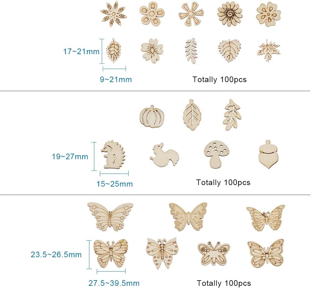 Elecrelive – 300 piezas de recortes de madera sin acabar, hojas de flores, mariposas, pequeñas piezas de madera en blanco, adornos colgantes para
