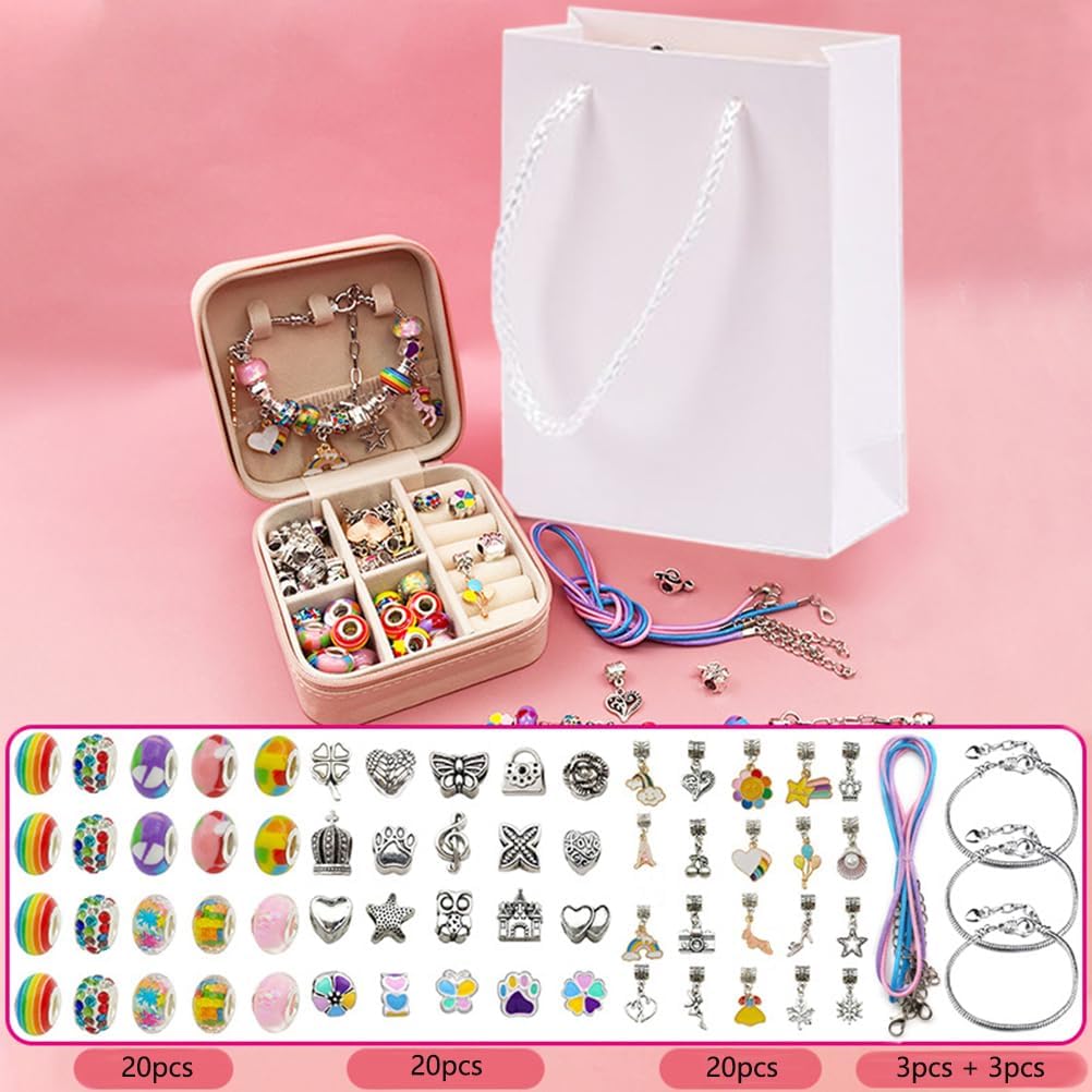 BetterJonny Juego de 66 pulseras de dijes, kit de fabricación de joyas de cristal, abalorios con cuentas para niñas, con caja de joyería y bolsa de