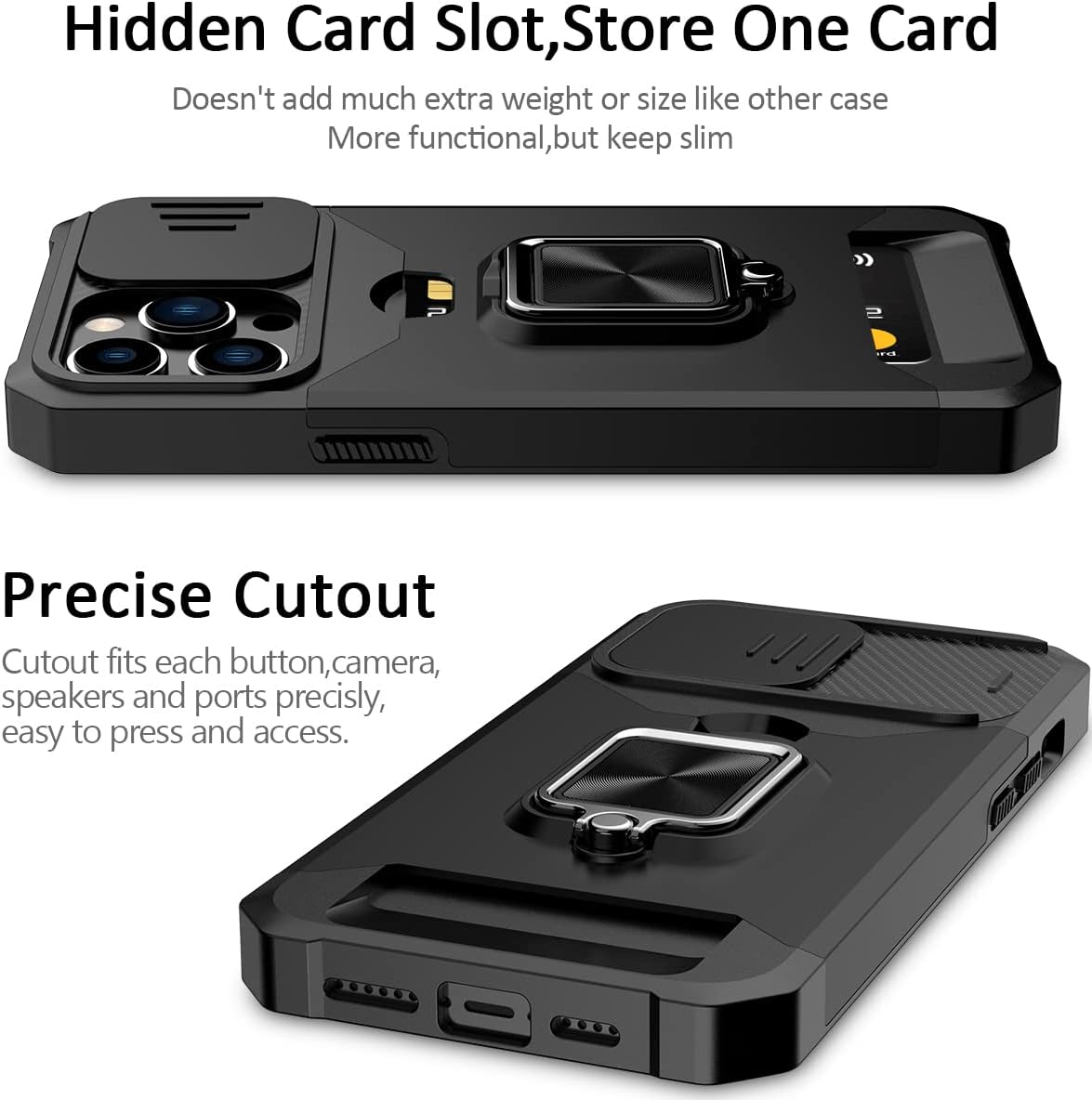 Nvollnoe Funda para iPhone 14 Pro Max con cubierta deslizante para cámara y tarjetero resistente funda protectora para iPhone 14 Pro Max con anillo