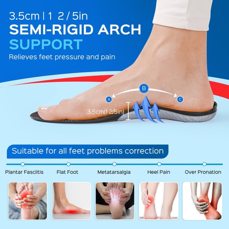 2 pares 4 piezas Plantillas de zapatos para aliviar la fascitis plantar, plantillas de arco alto flexibles de apoyo para hombres y mujeres, para