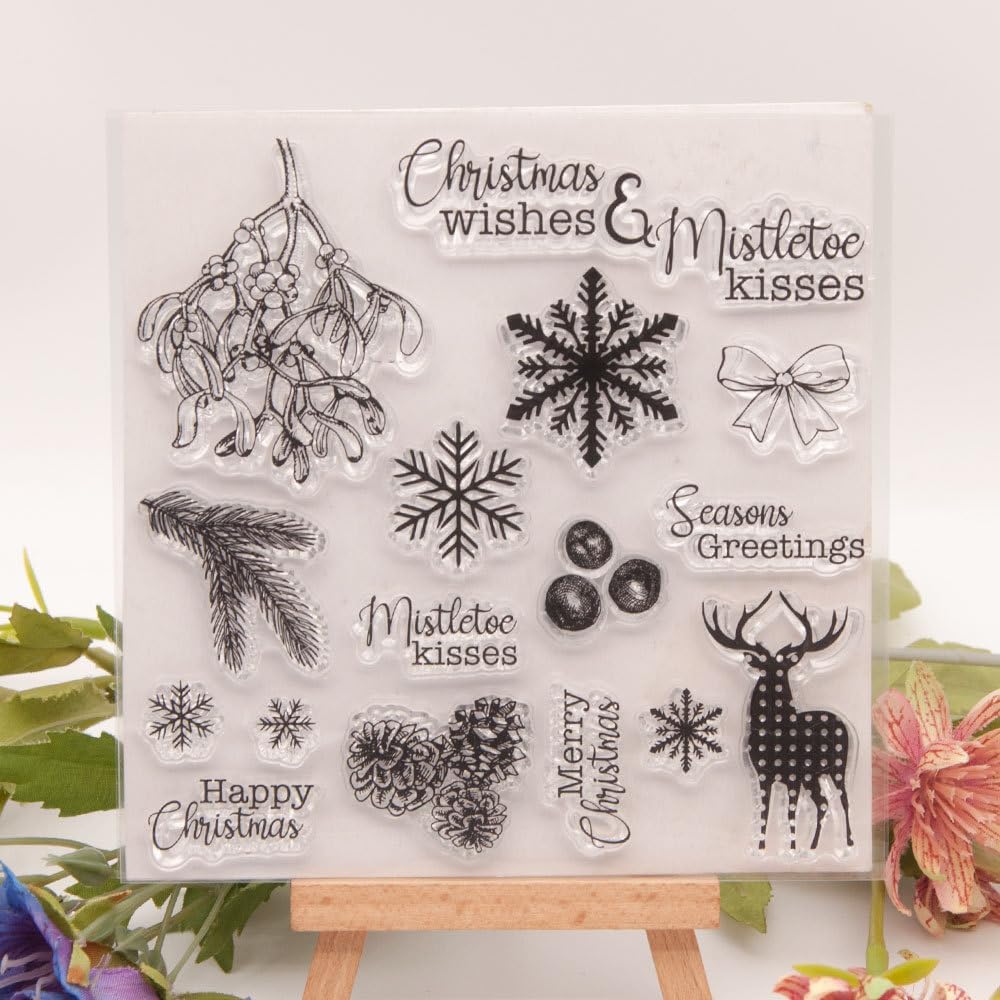 Sello transparente de silicona transparente, diseño de copos de nieve, hojas de pino, ciervos, piñas, tarjetas de álbum de goma para hacer tarjetas,