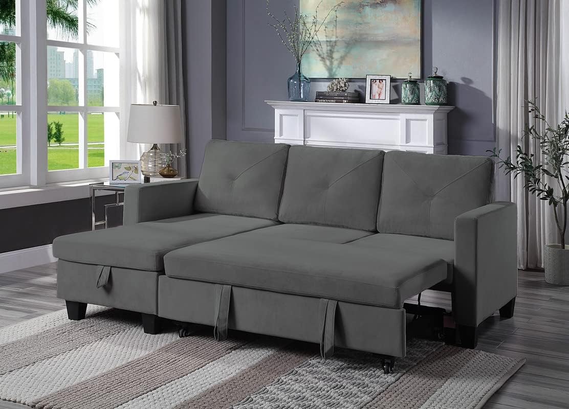 Sofá cama modular convertible en forma de L de 82.5 pulgadas con diván de almacenamiento y cama extraíble, sofá esquinero reversible tapizado de