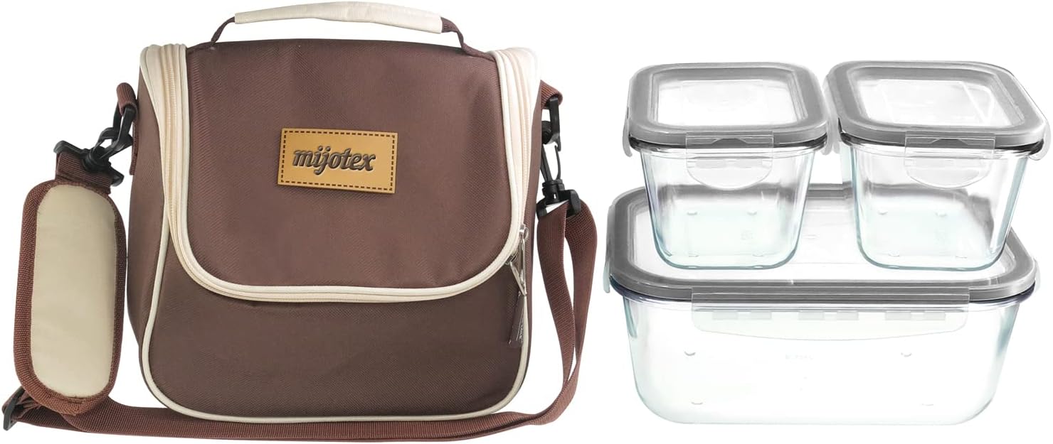 Mijotex – Juego de 7 piezas de almacenamiento de alimentos de vidrio sin BPA con bolsa de almuerzo, preparación de comidas, 3 recipientes de vidrio