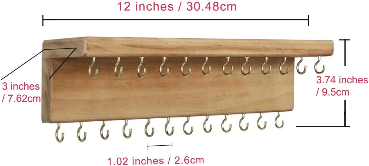 SANY DAYO HOME Organizador de joyas con 24 ganchos y estante para cosméticos, 12 x 3 x 4 pulgadas, soporte de madera de pino rústico montado en la