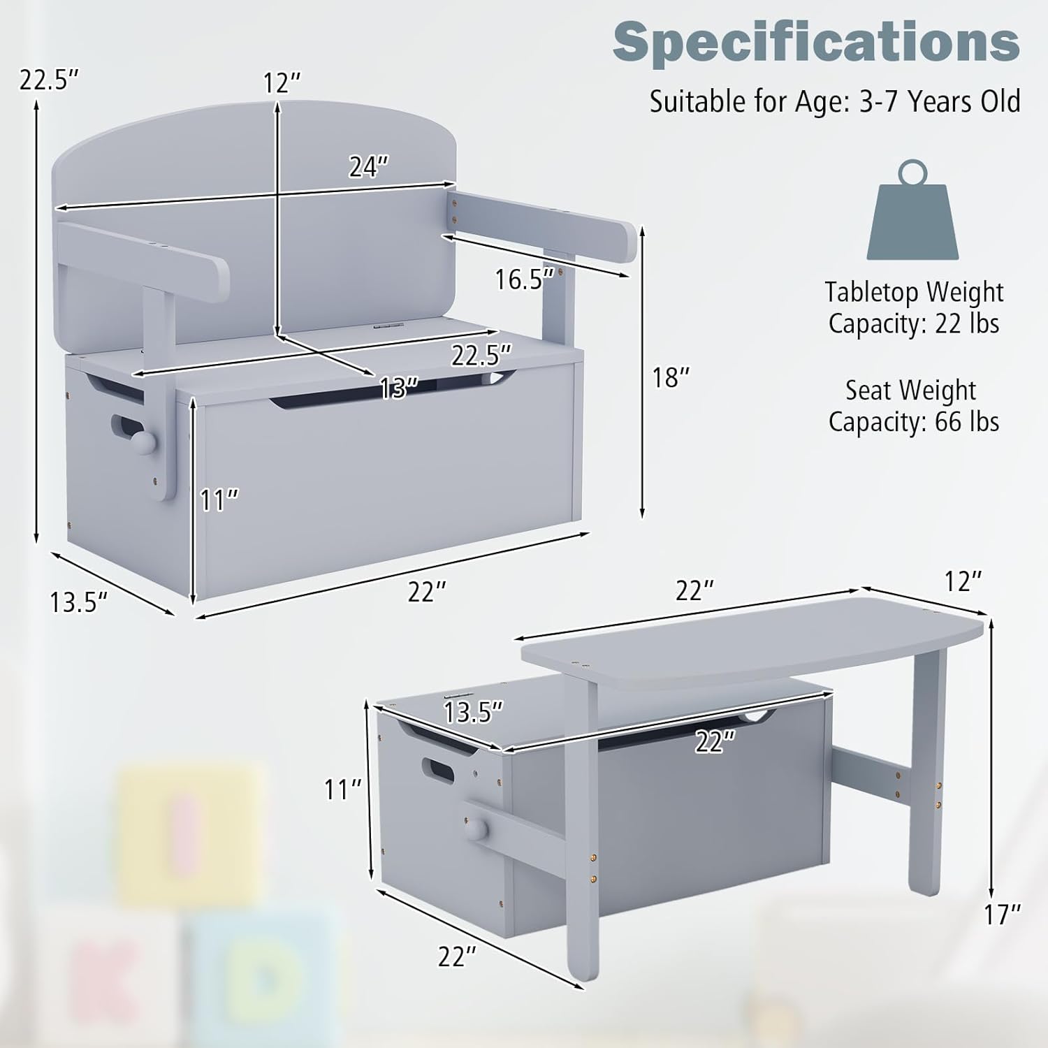 Costzon Juego de mesa y silla para niños, banco de almacenamiento de juguetes convertible con asa integrada para jardín de infantes, preescolar,