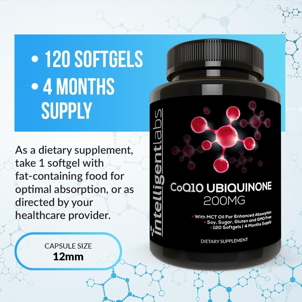 Intelligent Labs CoQ10 Ubiquinona 200mg cápsulas blandas  Coenzima Q10 con aceite MCT para una máxima absorción  Soja, azúcar, gluten y OGM  120