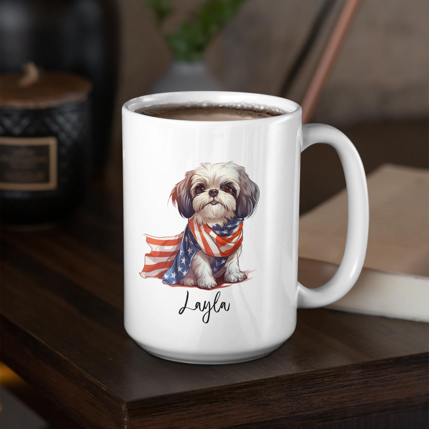Taza de café blanca personalizada de perro Shih Tzu de 11 onzas, 15 onzas, bandana de bandera estadounidense, tazas para perros Shih Tzu, regalo