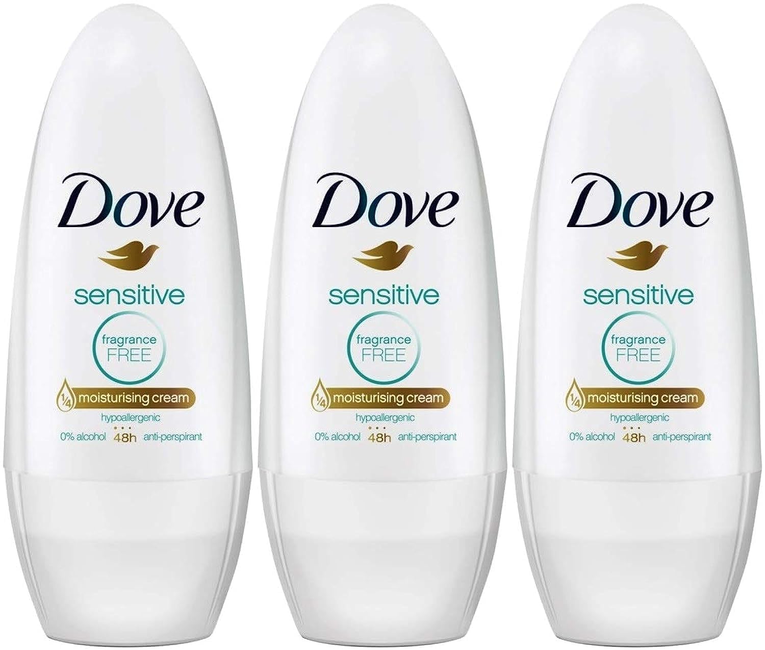 Dove Sensitive Desodorante antitranspirante roll-on sin fragancia, 1.7 onzas  1.7 fl oz (paquete de 3)
