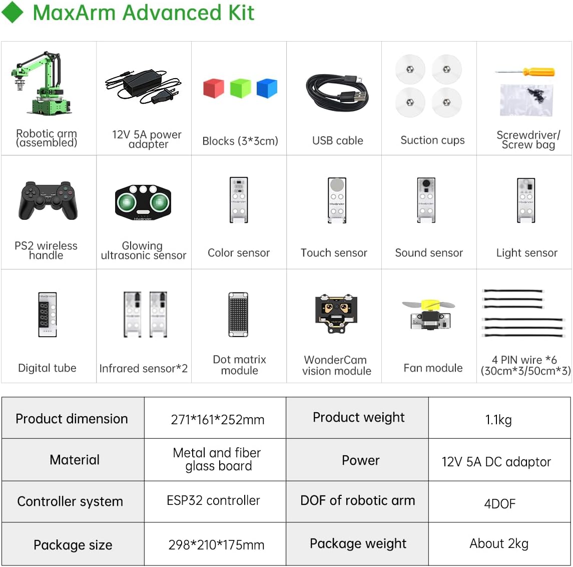 Kit de brazo robótico AI, MaxArm ESP32 Open Source WiFi Bluetooth Connect Smart Robot Arm con AI Vision Sensor Kits PS2 Controladores inalámbricos,
