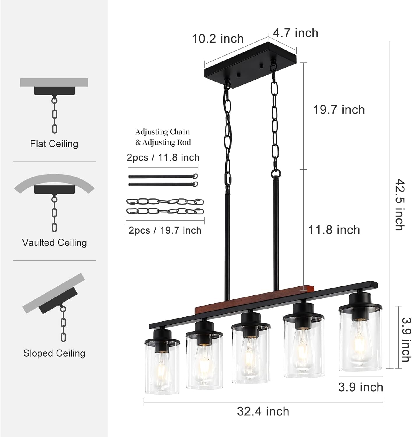 Kitchen Island Lighting – Lámparas de comedor de 5 luces sobre mesa, candelabros negros de granja para comedor con pantalla de vidrio transparente y