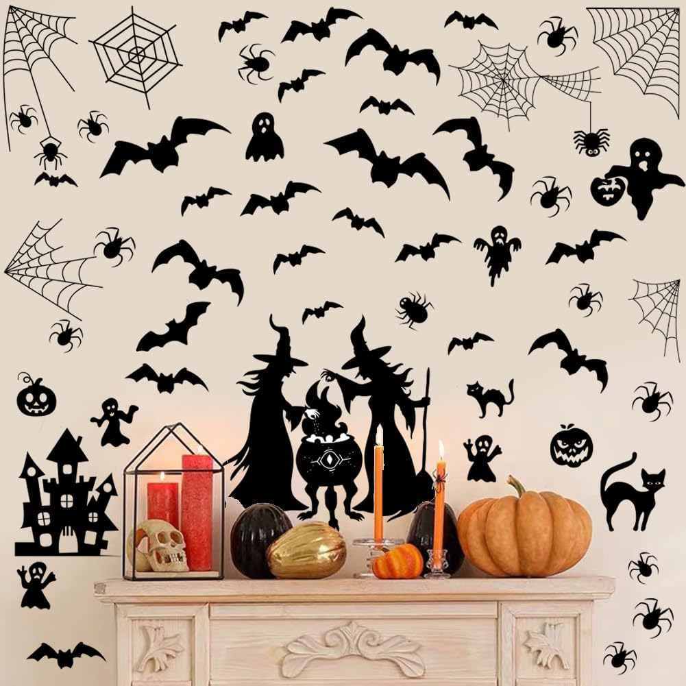 Calcomanías de pared de bruja de Halloween, calcomanía de pared de casa embrujada de Halloween, calcomanía de pared de murciélagos y luna,