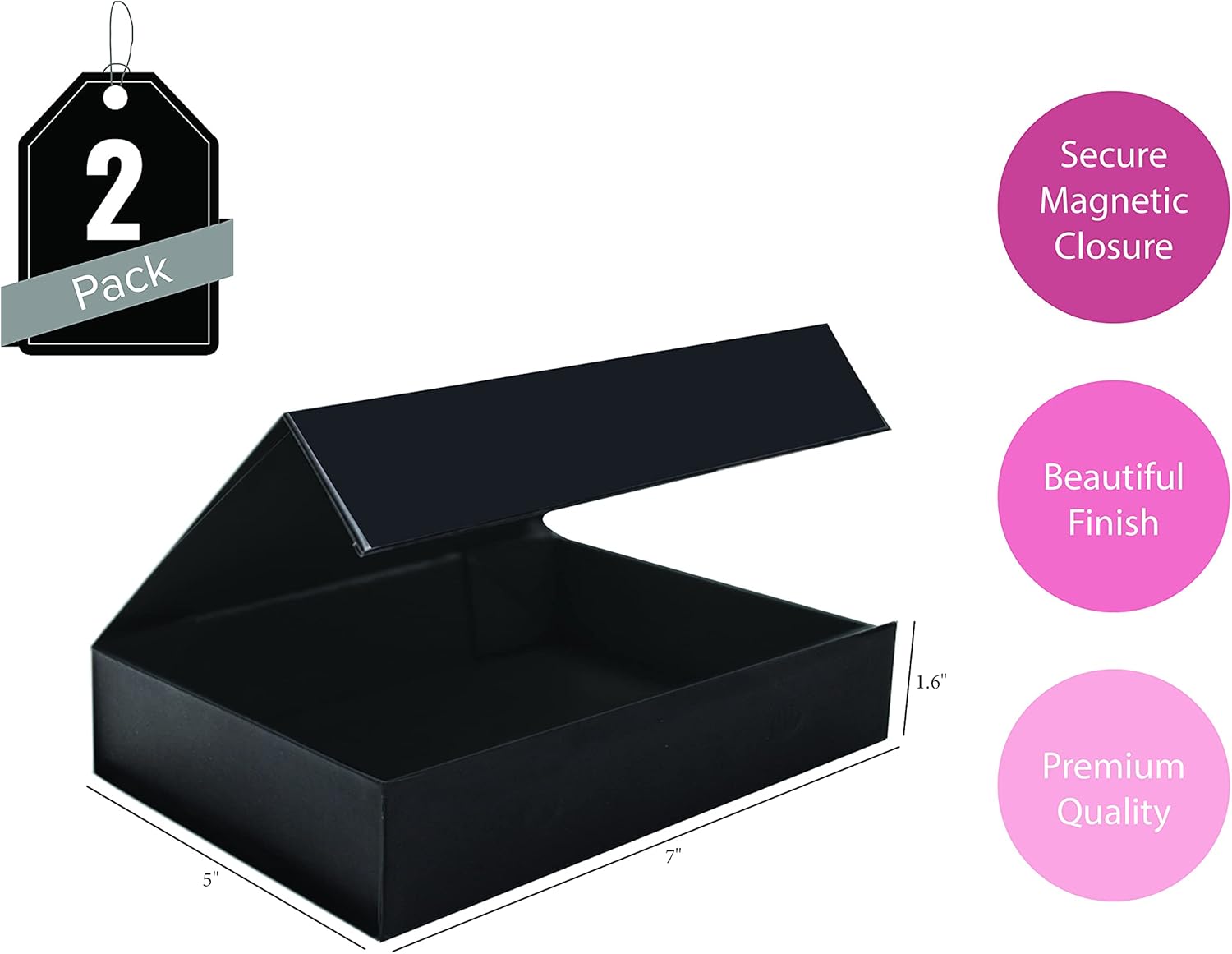 Paquete de 2 cajas de regalo duras negras con tapa de cierre magnético de 7 x 5 x 1.6 pulgadas, cajas rectangulares para regalos con acabado negro