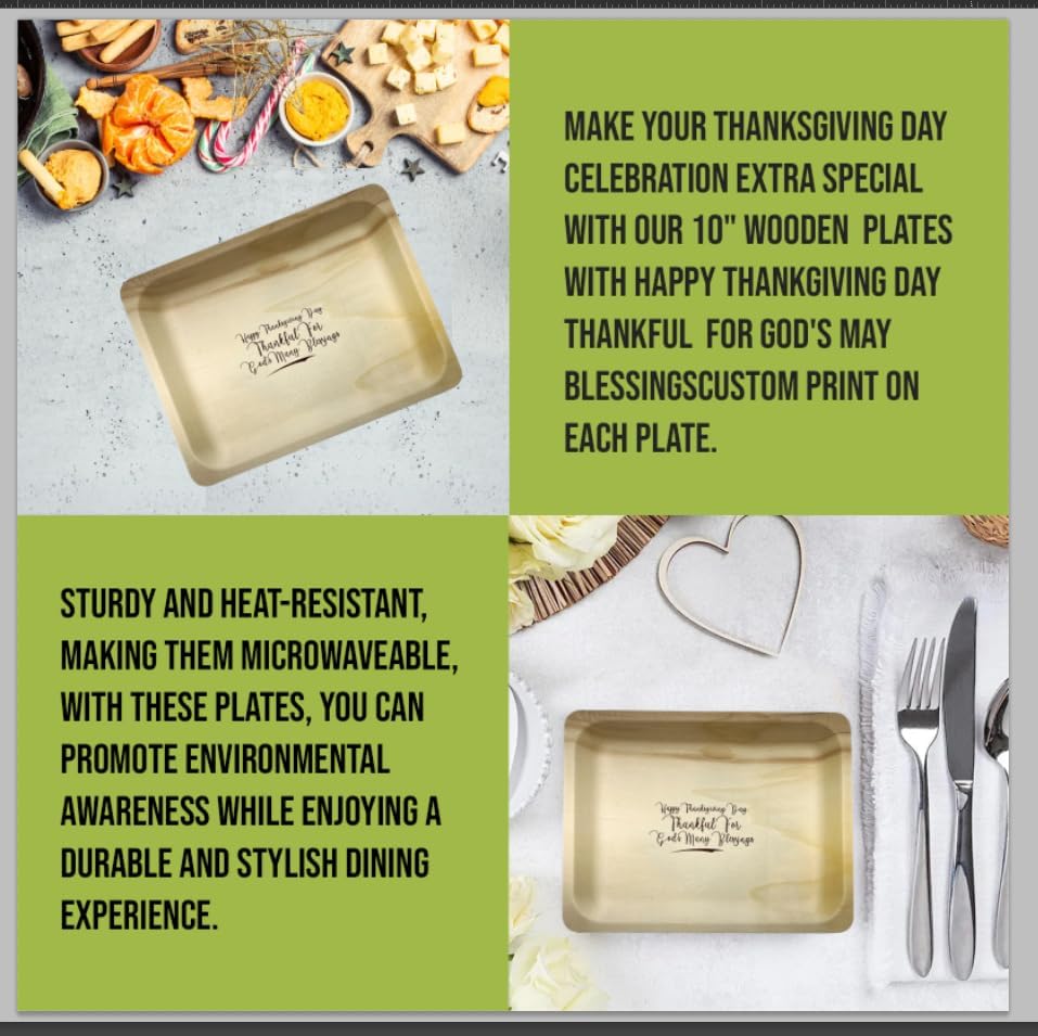 Platos de madera de 10 pulgadas con impresión personalizada “Thankful for God’s Blessings” – Paquete de 25 unidades