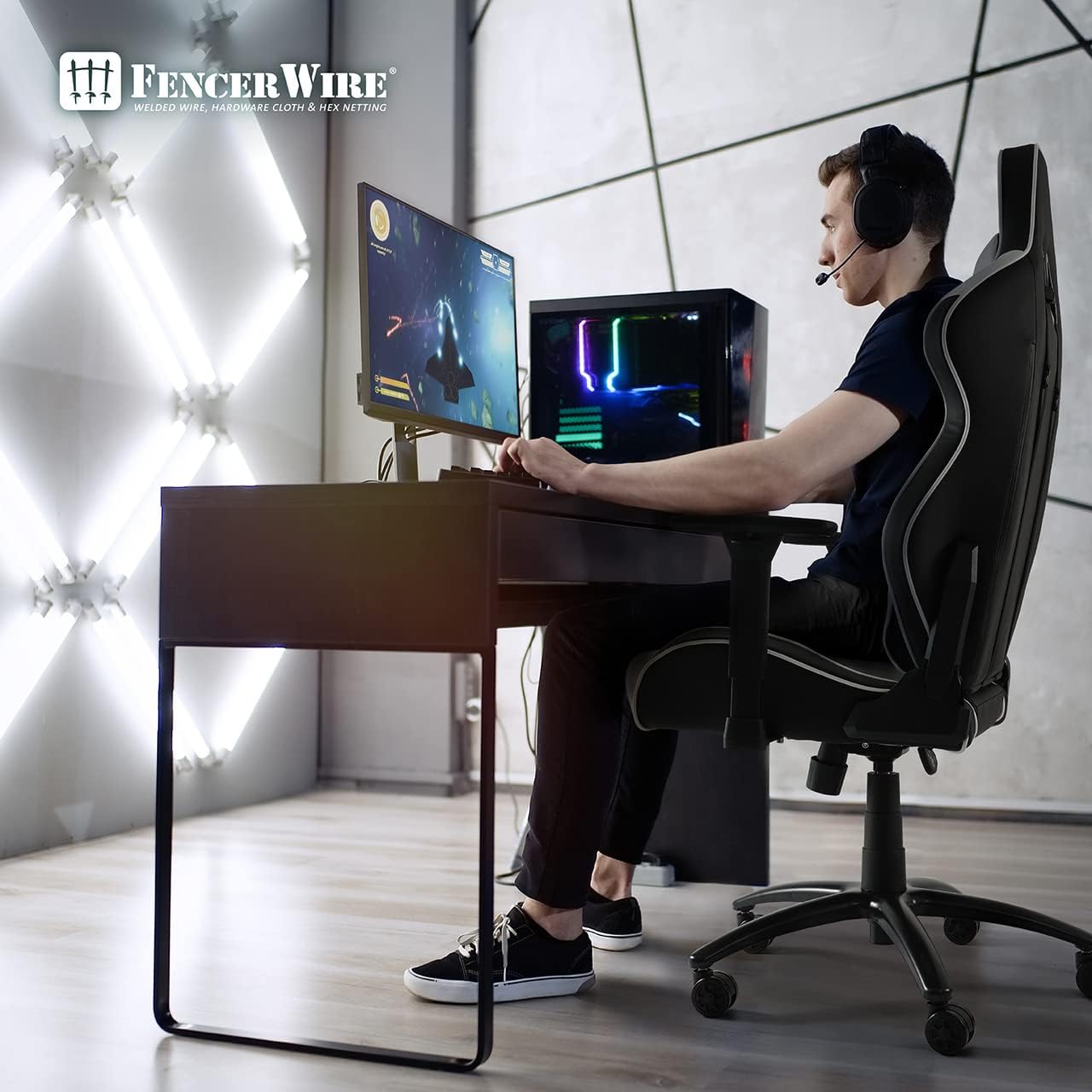 Fencer Wire Silla ergonómica para videojuegos de lujo, silla ergonómica de cuero con respaldo alto, altura ajustable con elevación de gas comercial,