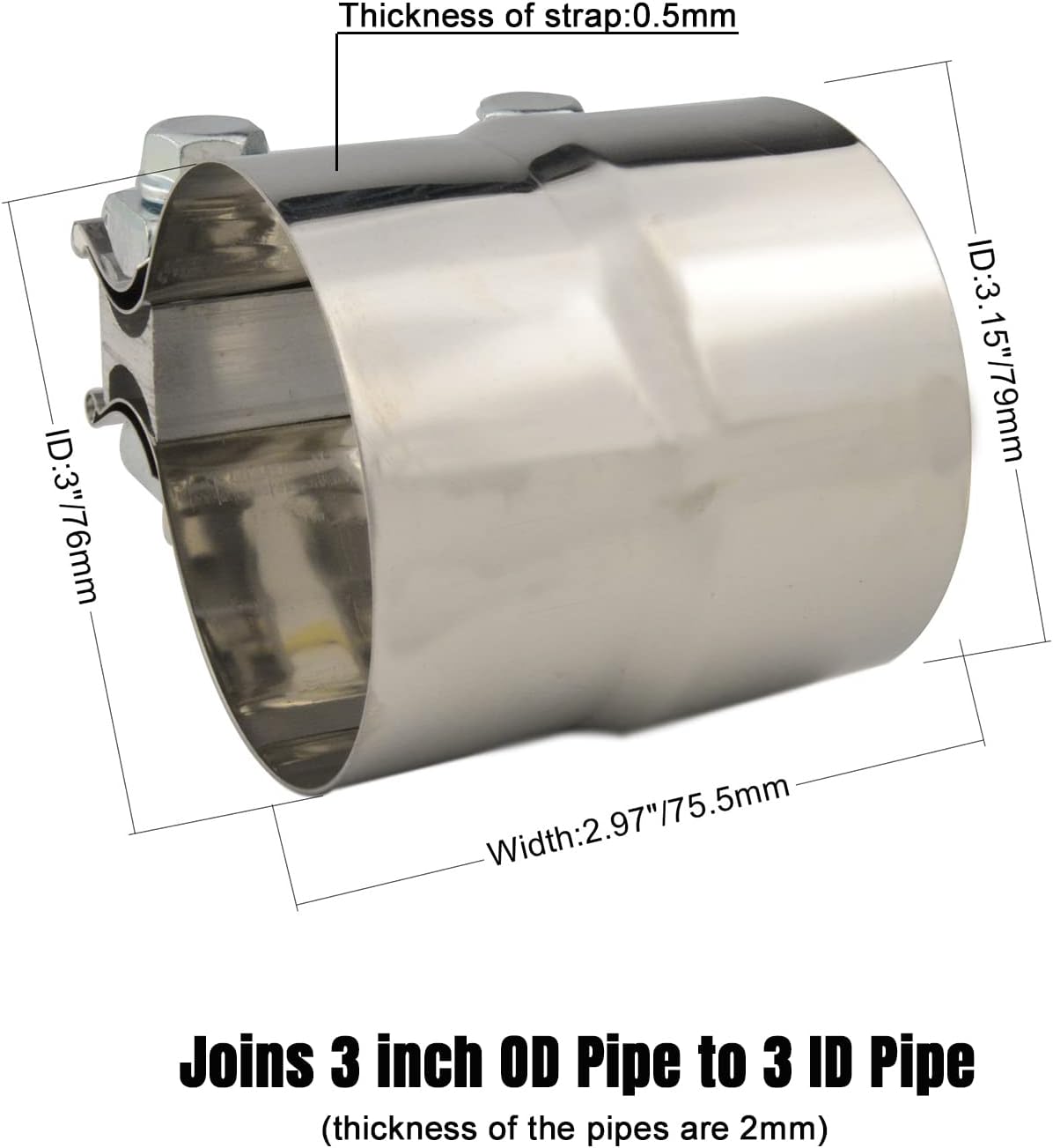 Abrazadera de escape de 3 pulgadas, abrazadera de tope de junta de regazo de acero inoxidable para tubos de ID-OD 3″