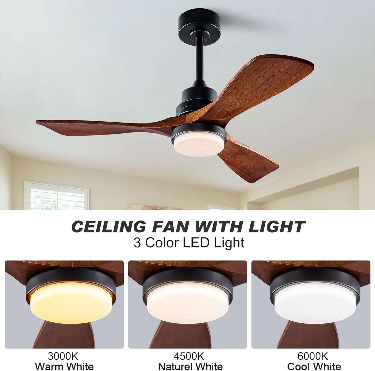 XBIBI Ventiladores de techo de 42 pulgadas con luces y control remoto, moderno ventilador de techo de madera de 3 aspas con luz, motor de CC