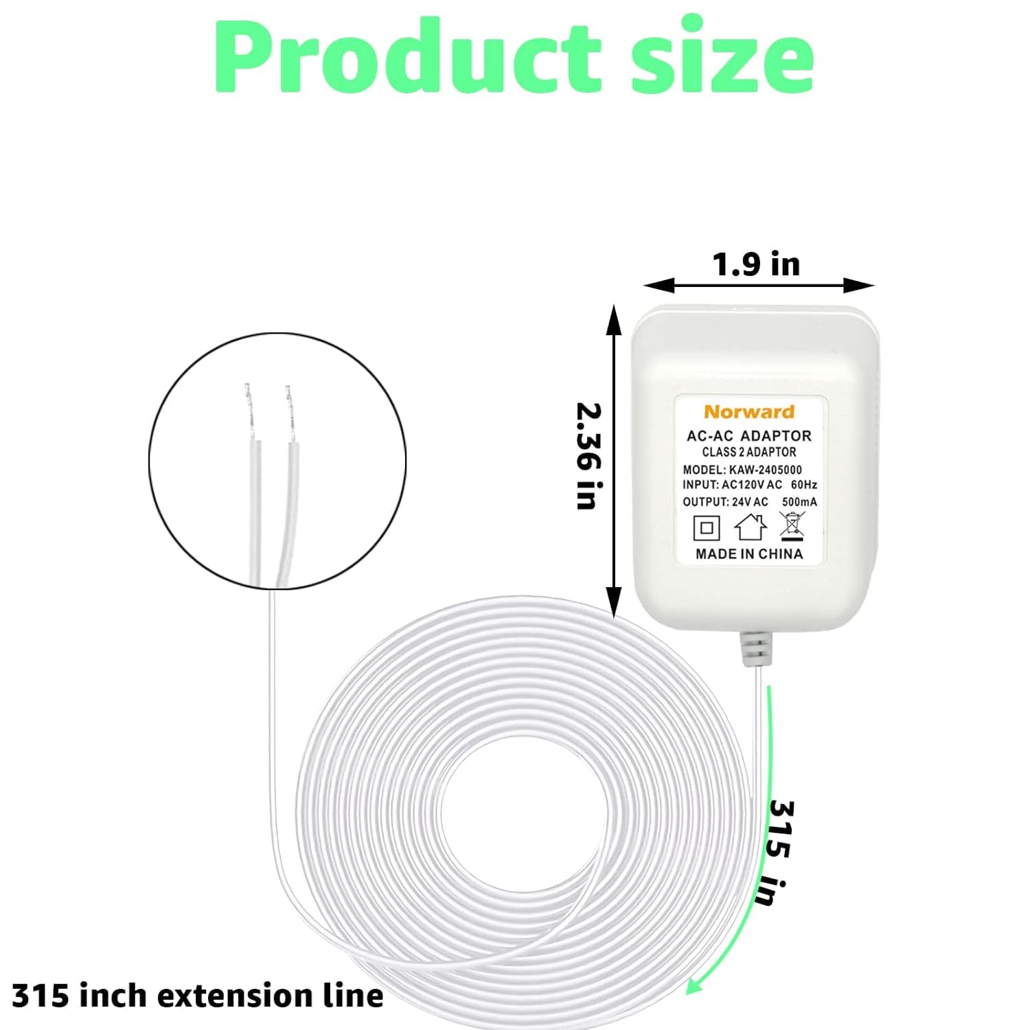 Cable de carga de 26 pies para timbre de timbre, Ring Video Doorbell Pro y Ring Video Doorbell 2 Adaptador de corriente 24V500mA Transformador