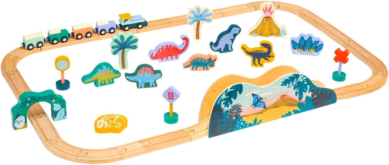Manhattan Toy T-Rex Express – Juego de tren de juguete de madera con temática jurásica de 45 piezas para niños de 3 años en adelante