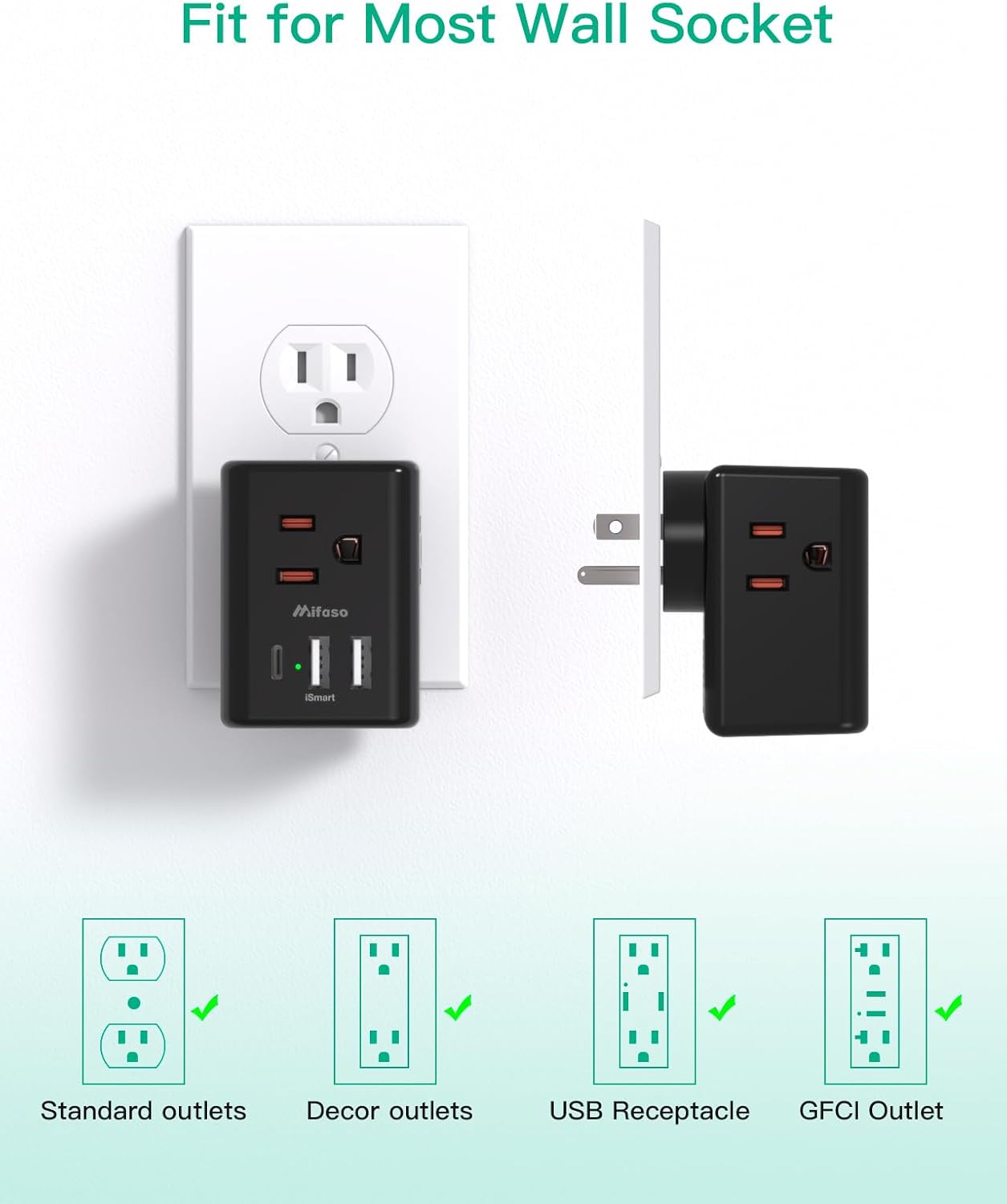 Extensor de toma de corriente, cargador de pared USB con 3 puertos USB (1 USB C), regleta de alimentación sin protector de sobretensiones, artículos