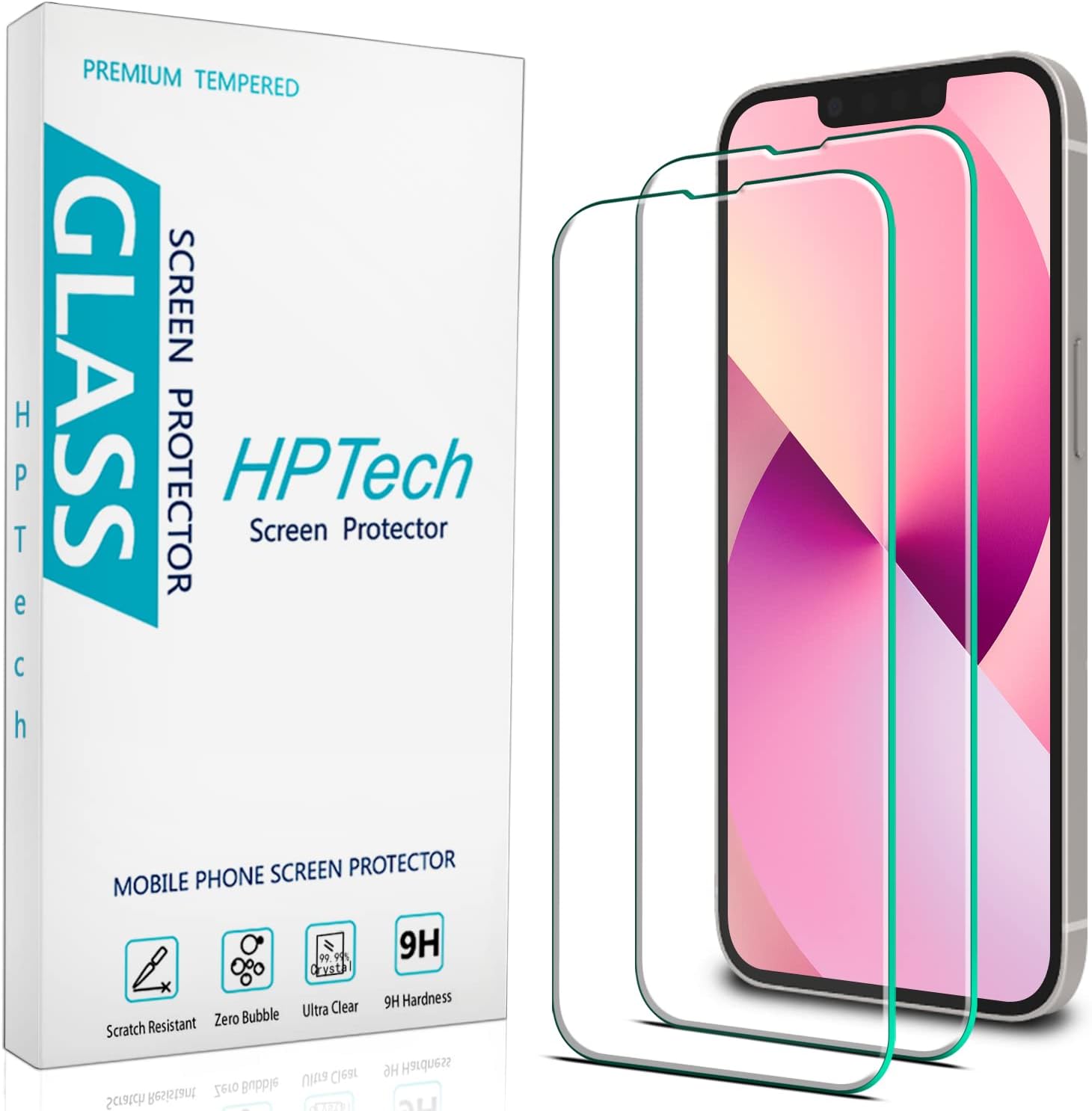HPTech Paquete de 2 protectores de pantalla para iPhone 13 Mini de vidrio templado de 5.4 pulgadas, antiarañazos, sin burbujas
