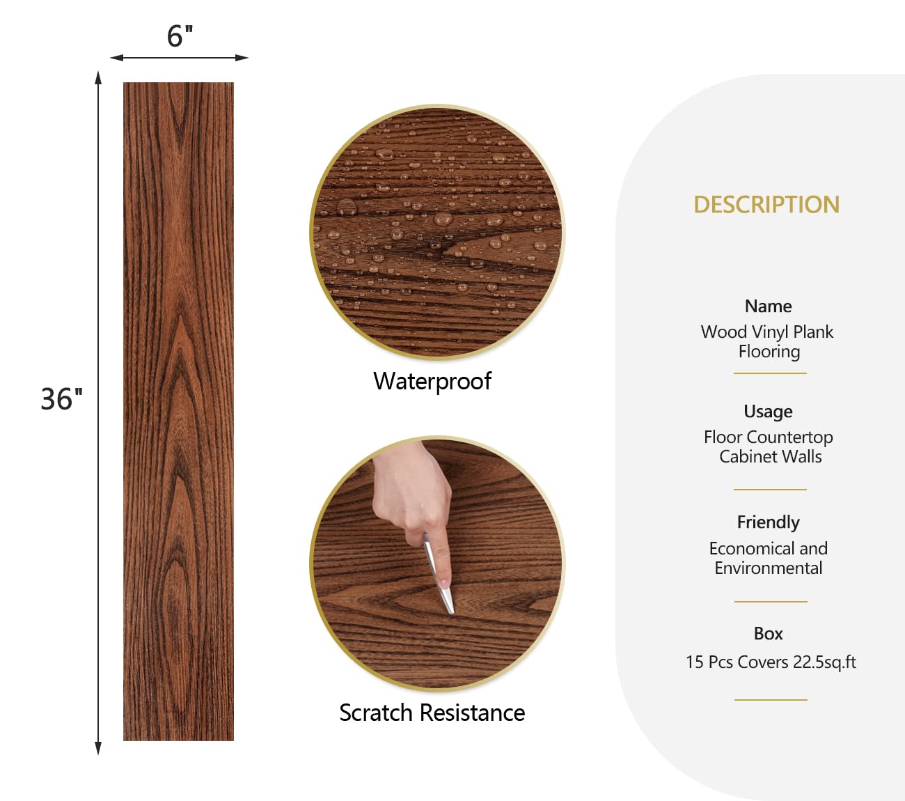 YENHOME 15 azulejos de vinilo de madera de nogal para despegar y pegar, paneles de pared de madera para paredes, azulejos de suelo para baño,