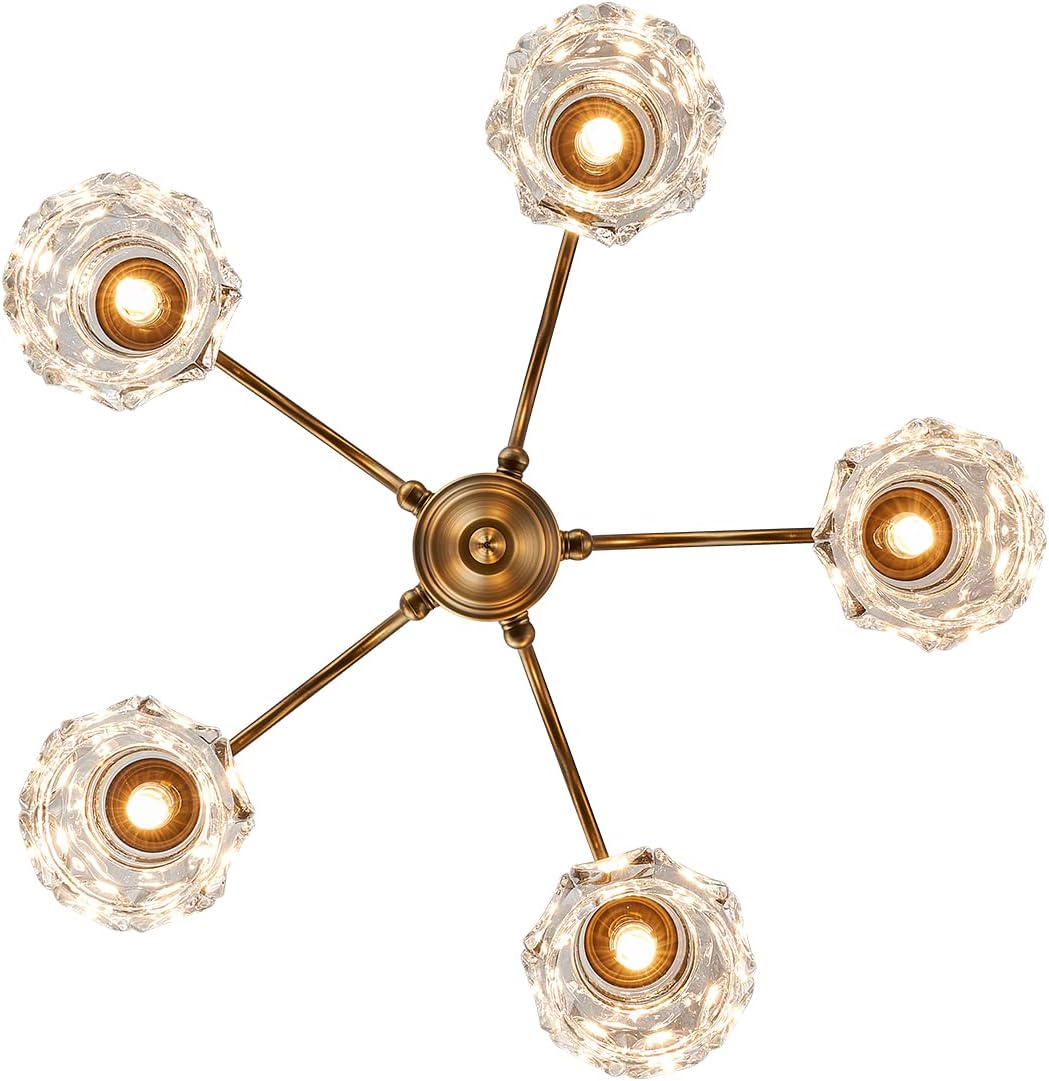 ZILANL Lámpara colgante de cristal dorado con 5 luces, estilo rústico, acabado de latón envejecido cepillado mate con pantalla de cristal para isla