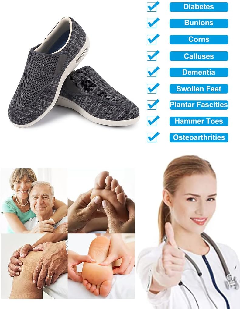 Zapatos para diabéticos para hombres, zapatos anchos para hombres mayores, cierre ajustable, ligeros, transpirables, pies hinchados, tenis para