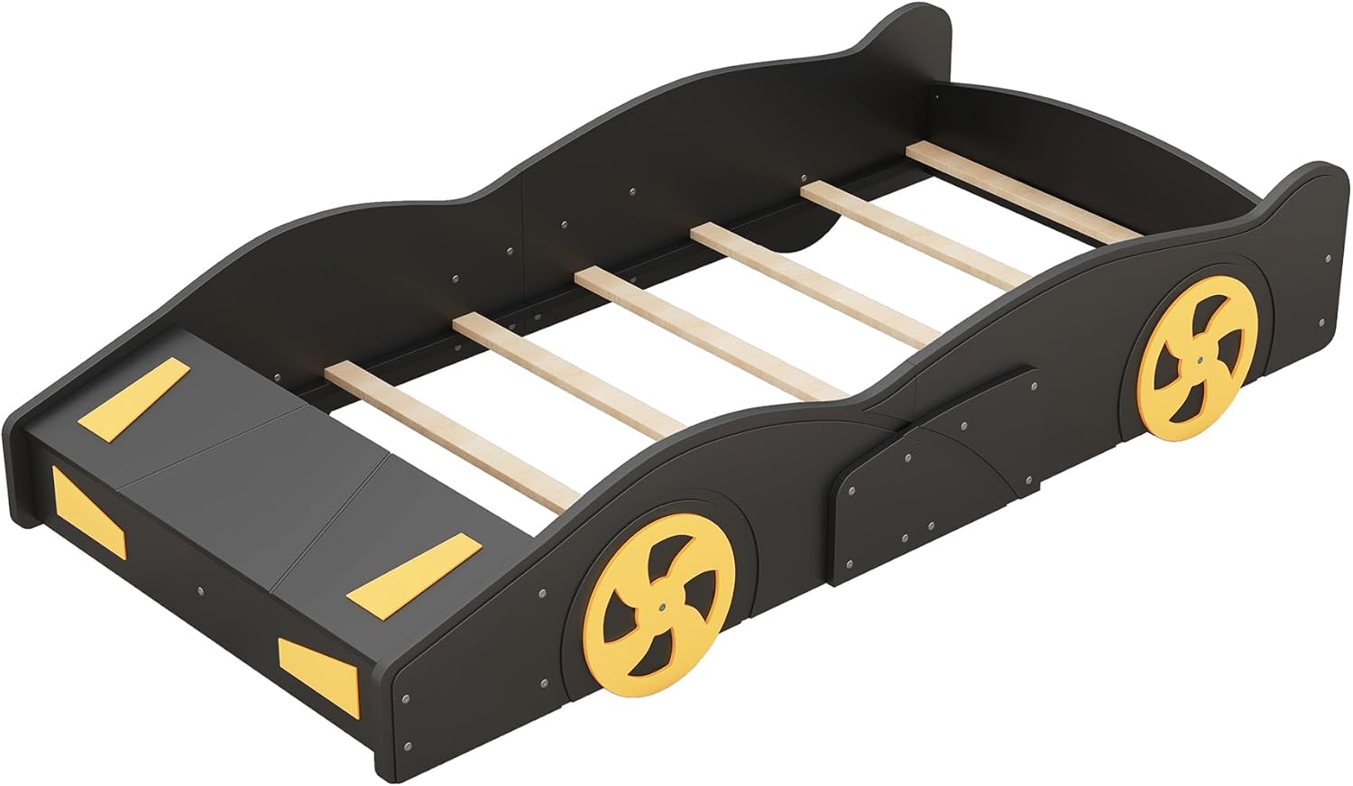 Cama de plataforma en forma de auto de carreras de tamaño individual con ruedas y almacenamiento, marco de cama de madera maciza con barandillas