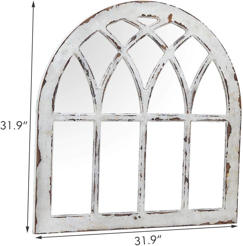 Espejo de pared de madera con arco de catedral rústico, espejo de pared con marco de madera rústica para ventana, color blanco envejecido, 31-78