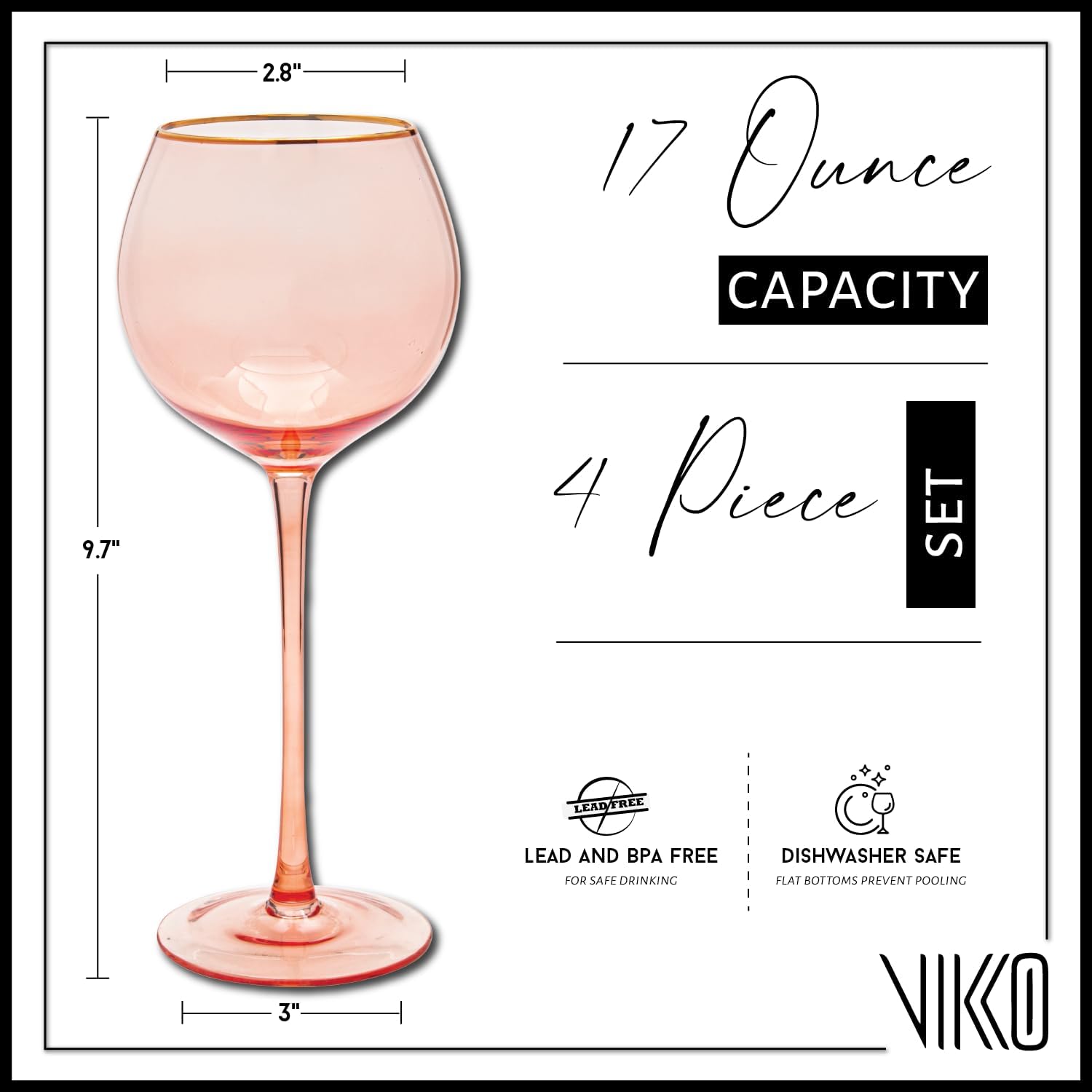 Vikko Copas de vino, copa de vino coral de 17 onzas con borde dorado, juego de 4 copas de vino con tallo para vino tinto y blanco, copas de vino de