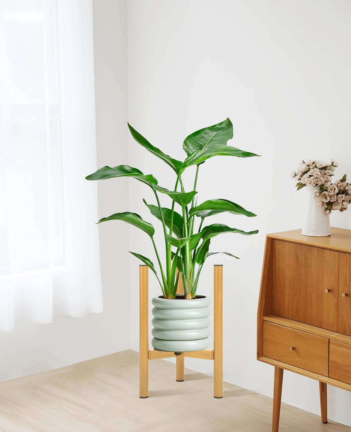 Soporte dorado para plantas para interiores, soporte ajustable de metal para plantas (8 a 13.5 pulgadas), diseño de mediados de siglo, soporte alto