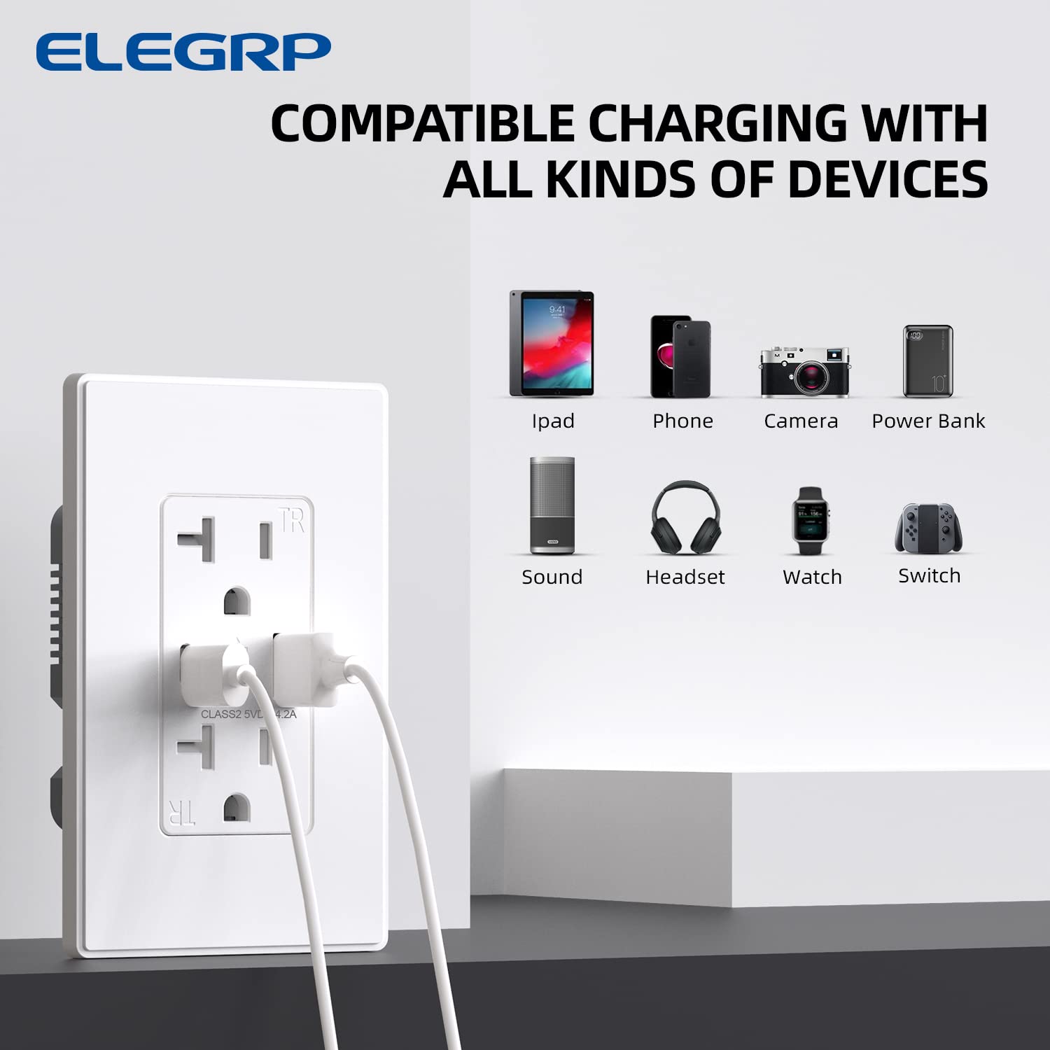 ELEGRP Cargador USB de pared con puertos USB tipo A y tipo C, enchufe dúplex de 20 amperios resistente a manipulaciones, placa de pared incluida,